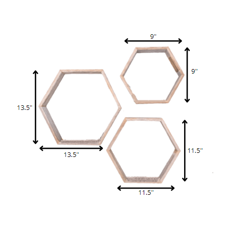 Set Of 3 Hexagon Rustic Natural Weathered Grey Wood Open Box Shelves | Each 8