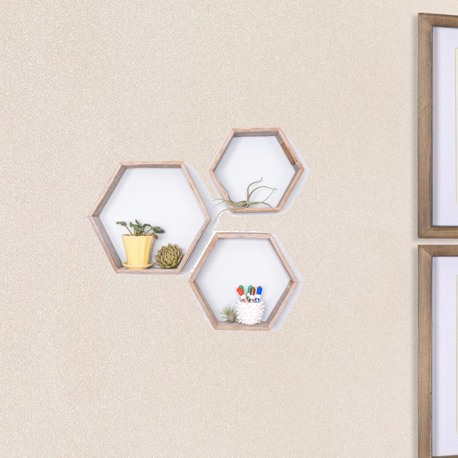 Set Of 3 Hexagon Rustic Natural Weathered Grey Wood Open Box Shelves | Each 8