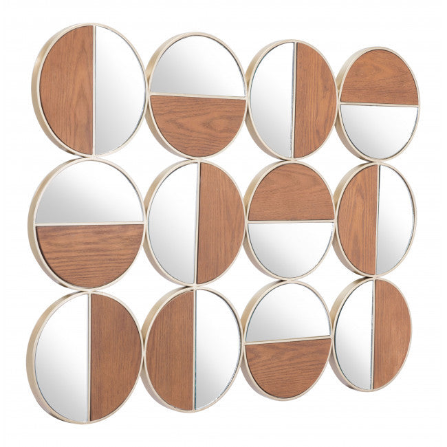 Set of 12 Round Gold and Walnut Finish Wall  Mirrors | 27