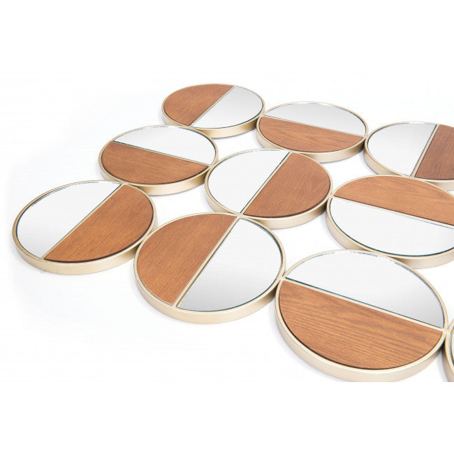 Set of 12 Round Gold and Walnut Finish Wall  Mirrors | 27