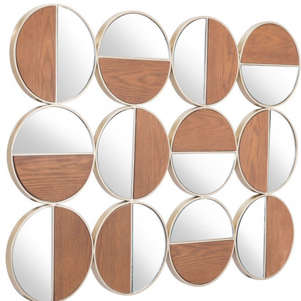 Set of 12 Round Gold and Walnut Finish Wall  Mirrors | 27