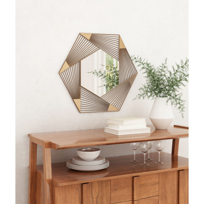 Hexagon Lines Gold Finish Wall Mirror | 29