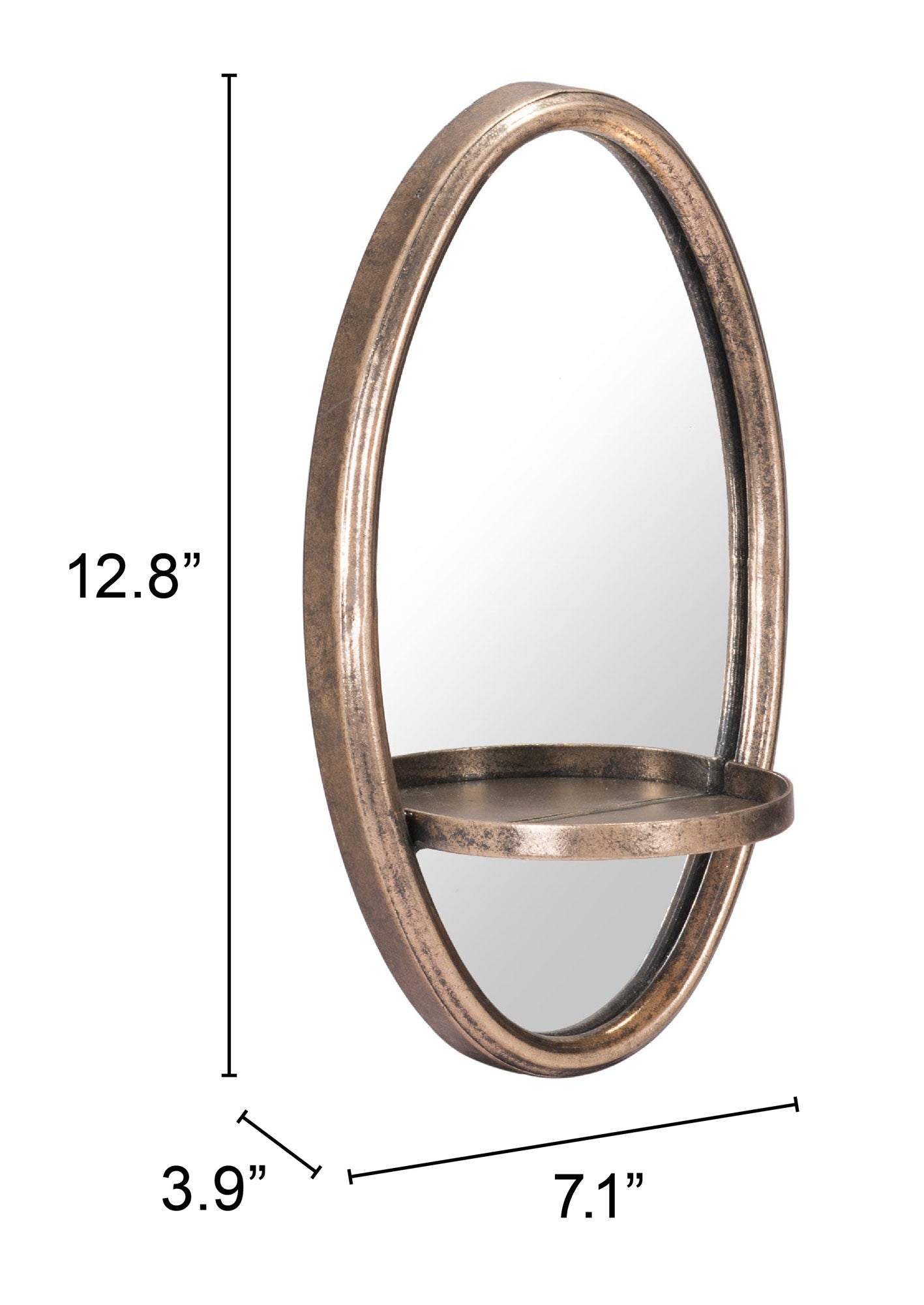 Antiqued Gold Oval Mirror with Petite Shelf | 7