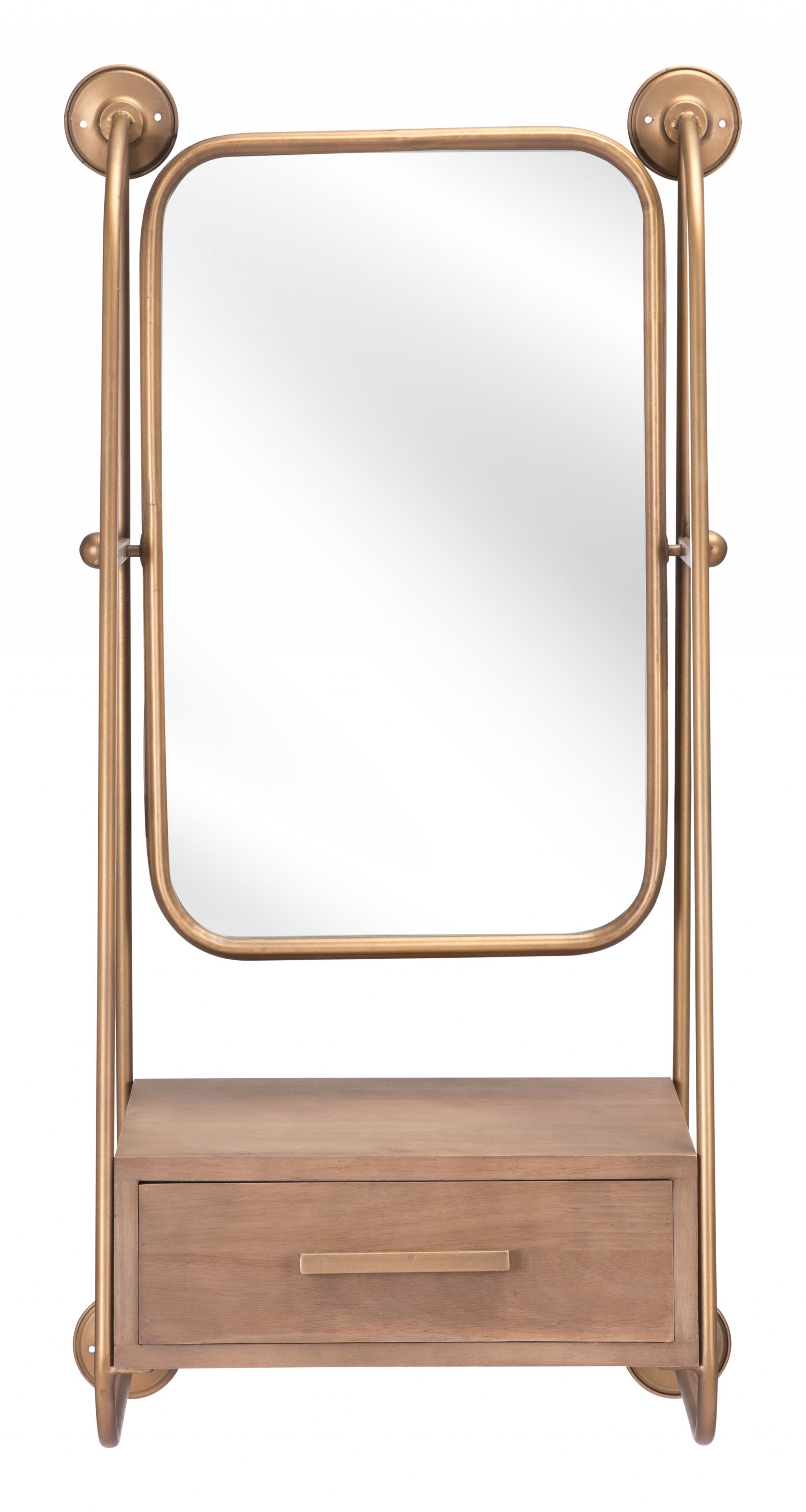 Gold Wall Mirror Shelf with Birch Drawer | 19