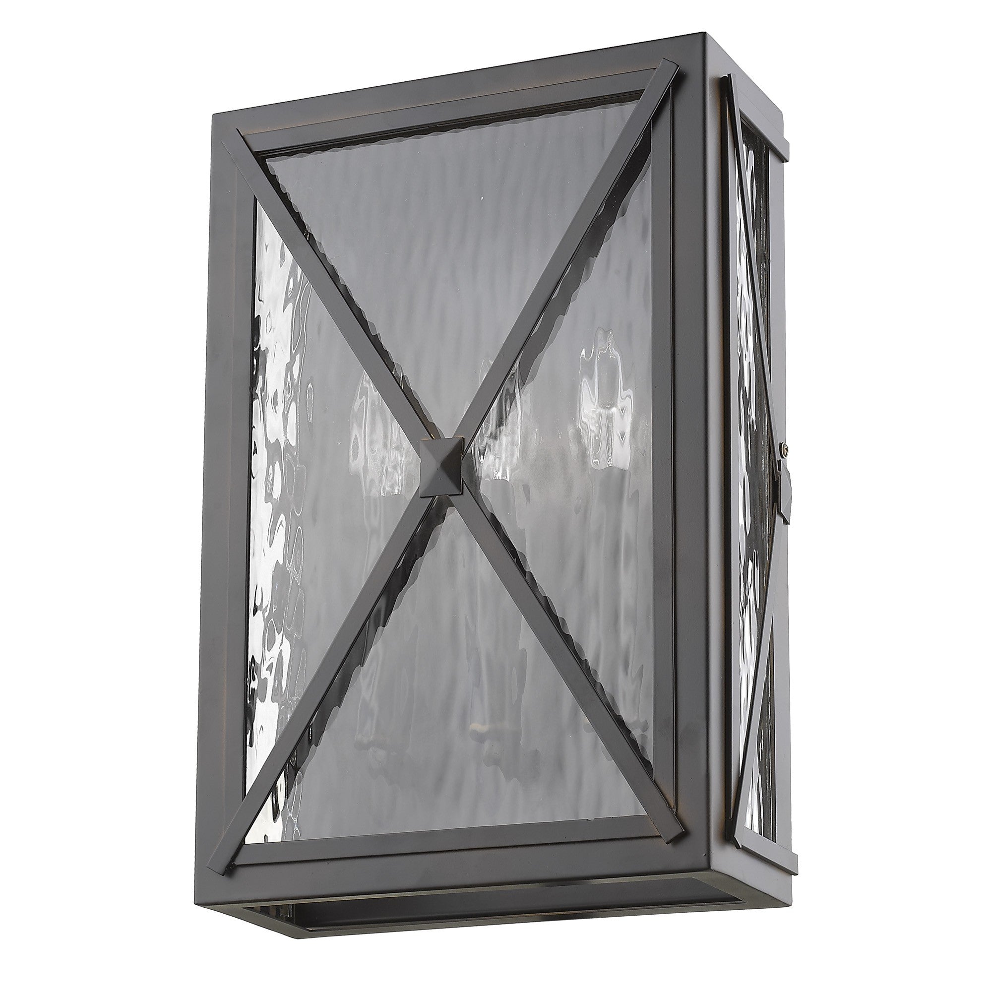 Front right angle view of the Brooklyn 3-Light Oil-Rubbed Bronze Wall Light with Clear Water Glass and Criss-Cross Frame