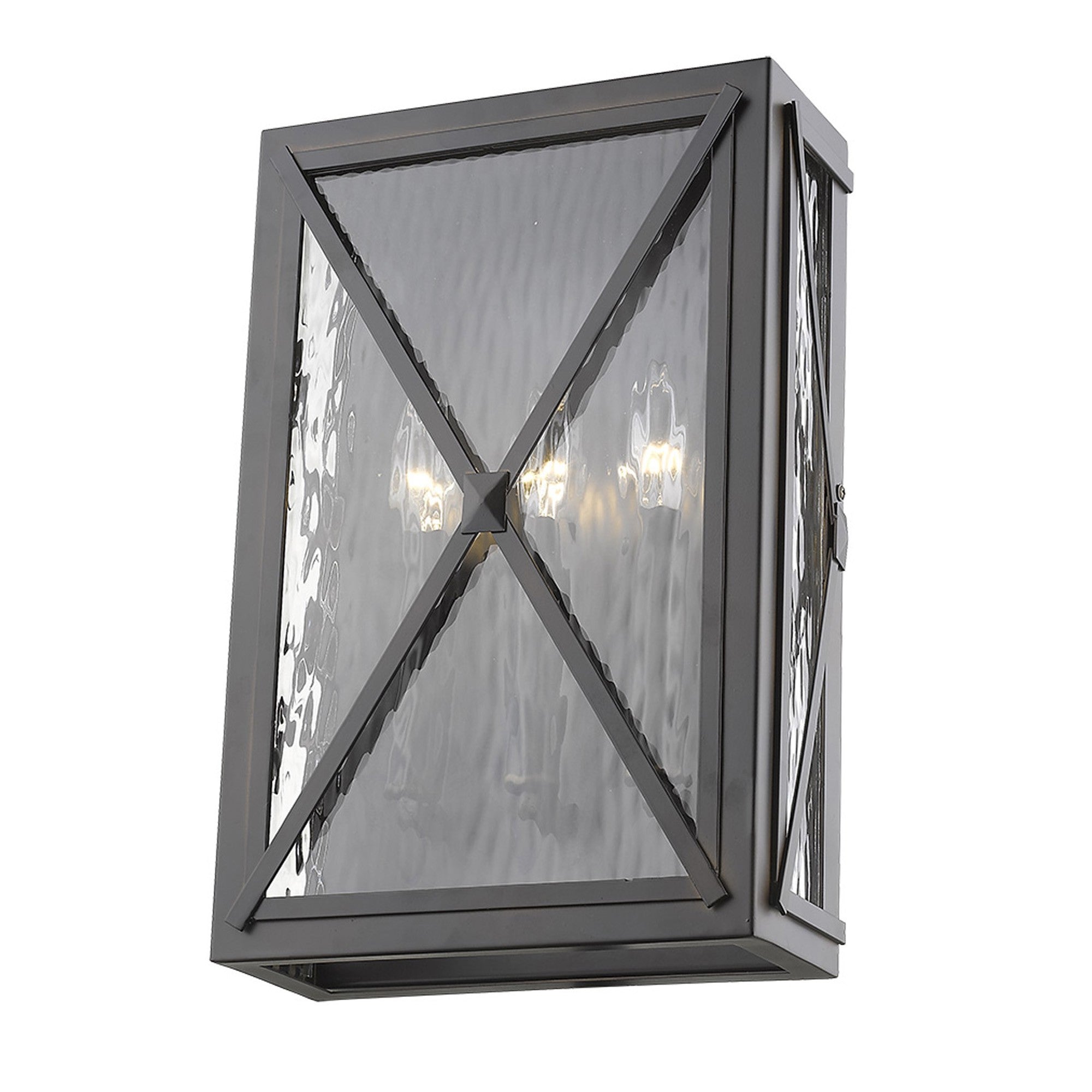 Front right angle view of the lighted Brooklyn 3-Light Oil-Rubbed Bronze Wall Light with Clear Water Glass and Criss-Cross Frame