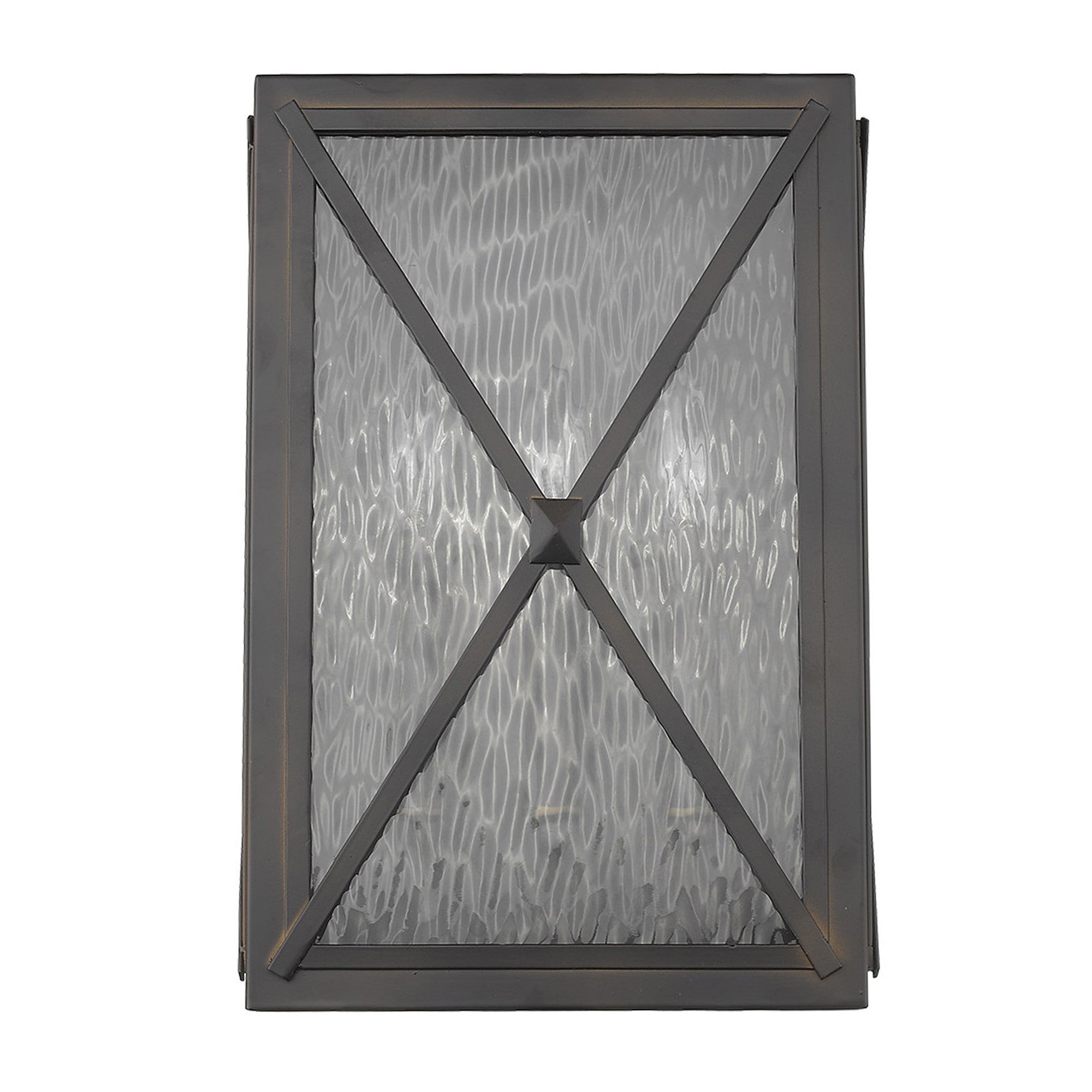 Front view of the Brooklyn 3-Light Oil-Rubbed Bronze Wall Light with Clear Water Glass and Criss-Cross Frame
