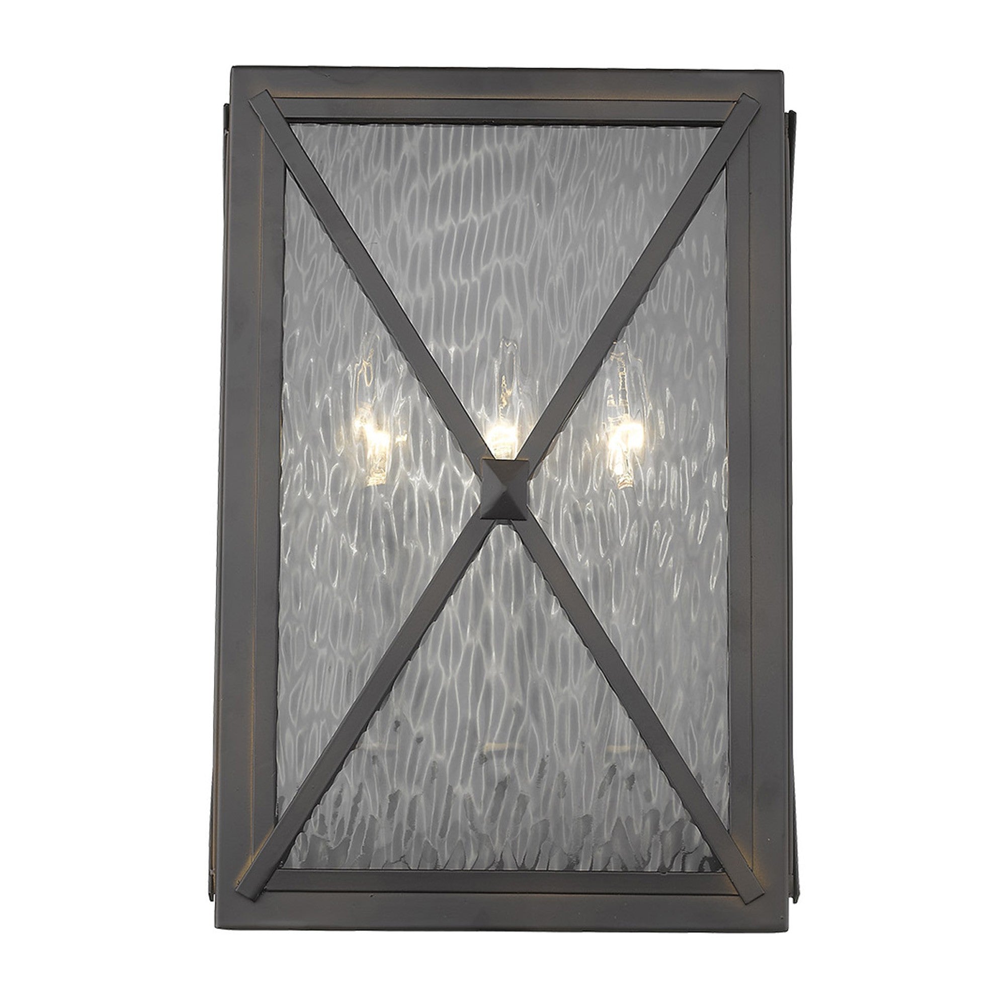 Front view of the lighted Brooklyn 3-Light Oil-Rubbed Bronze Wall Light with Clear Water Glass and Criss-Cross Frame