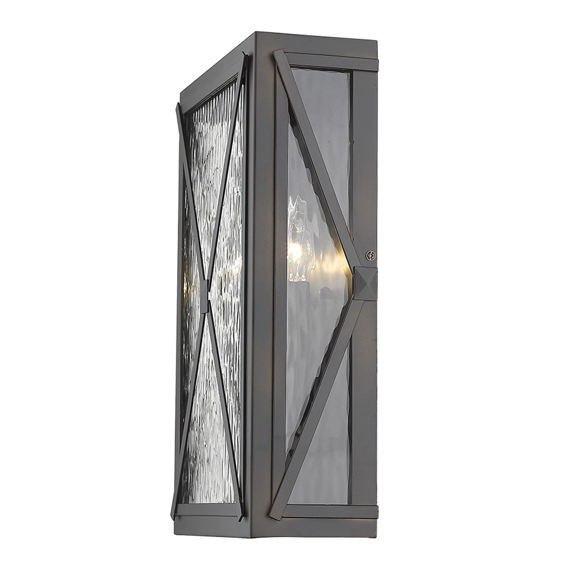 Side view of the lighted Brooklyn 3-Light Oil-Rubbed Bronze Wall Light with Clear Water Glass and Criss-Cross Frame