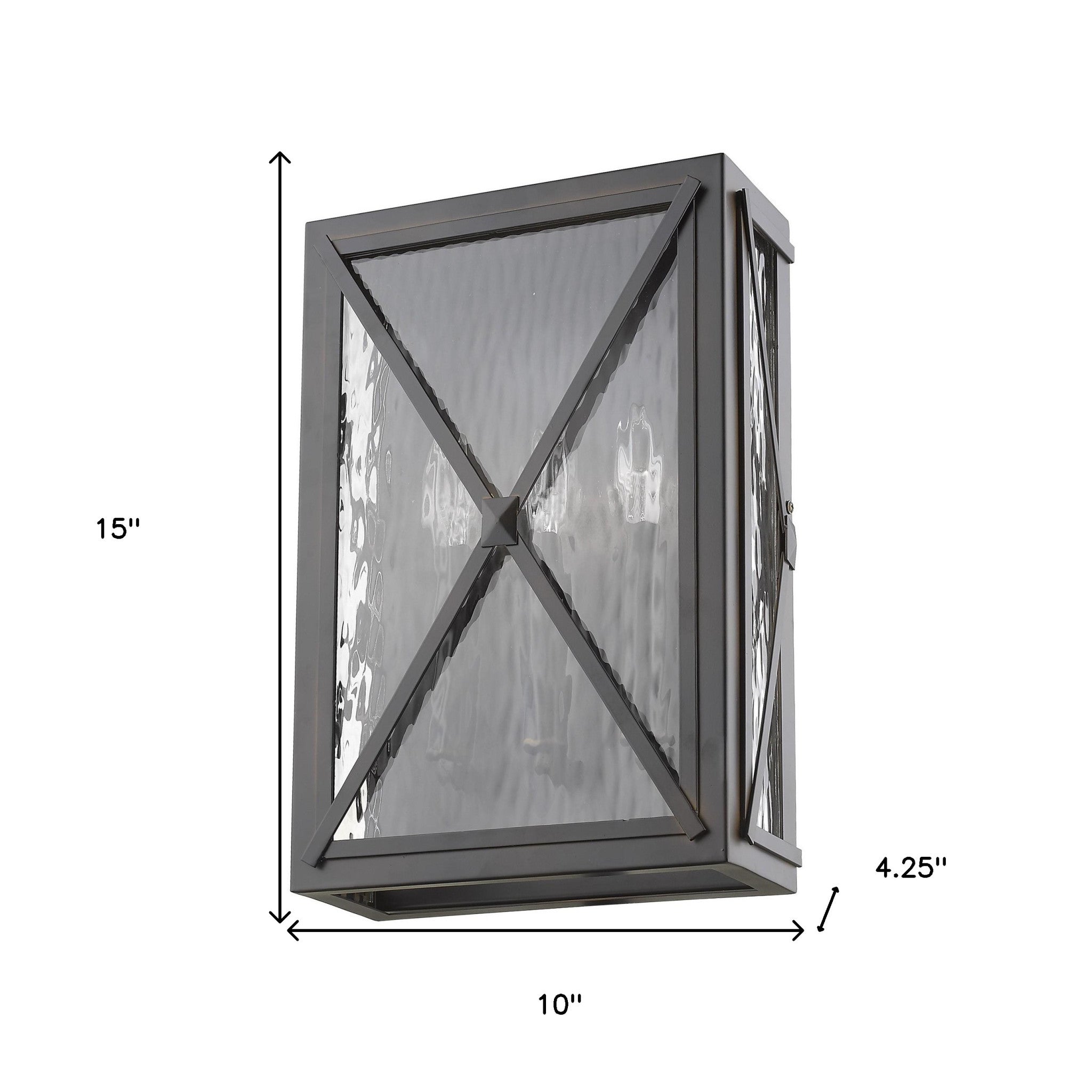 Brooklyn 3-Light Oil-Rubbed Bronze Wall Light with Clear Water Glass and Criss-Cross Frame shown with dimensions of 15 inches high by 10 inches wide by 4 point 25 inches deep