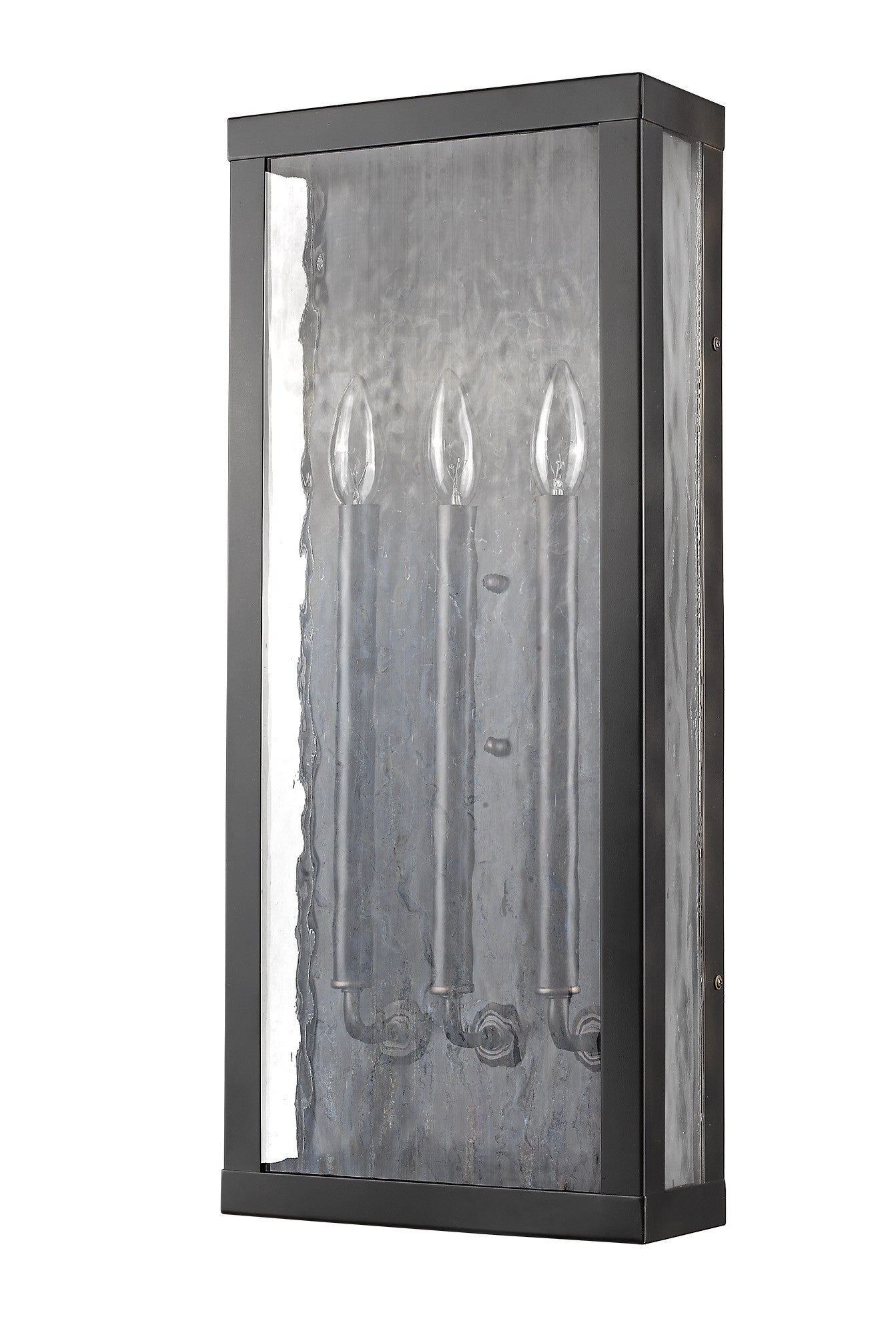 Front right angle view of the Charleston 3-Light Oil-Rubbed Bronze Shadowbox Wall Light with Clear Water Glass Panels