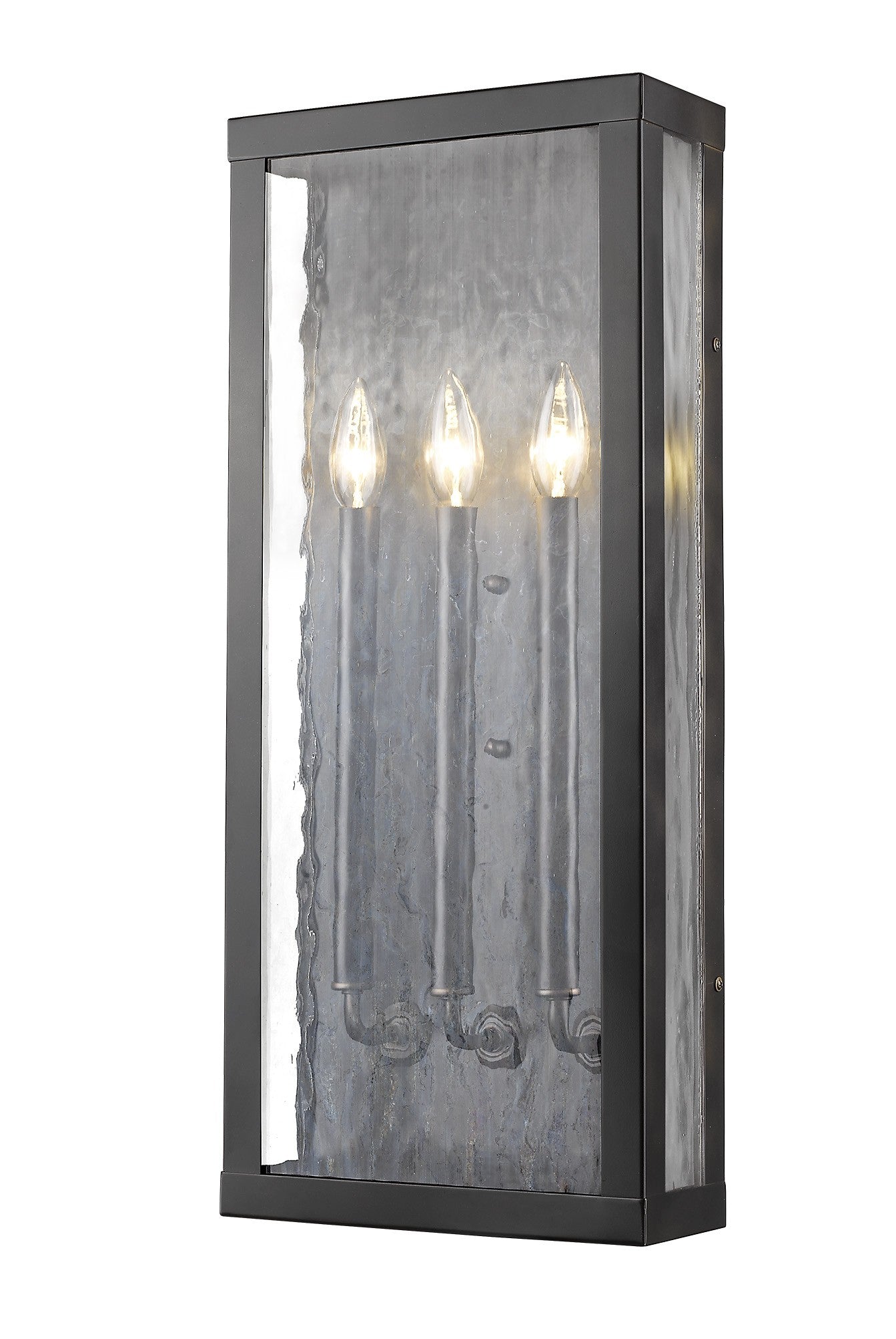 Front right angle view of the lighted Charleston 3-Light Oil-Rubbed Bronze Shadowbox Wall Light with Clear Water Glass Panels