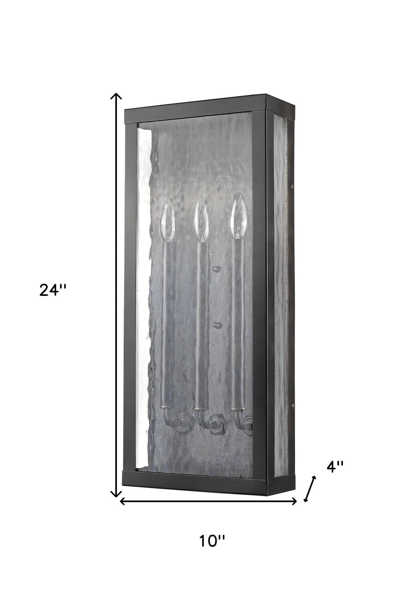 Charleston 3-Light Oil-Rubbed Bronze Shadowbox Wall Light with Clear Water Glass Panels shown with dimensions of 24 inches high by 10 inches wide by 4 inches deep