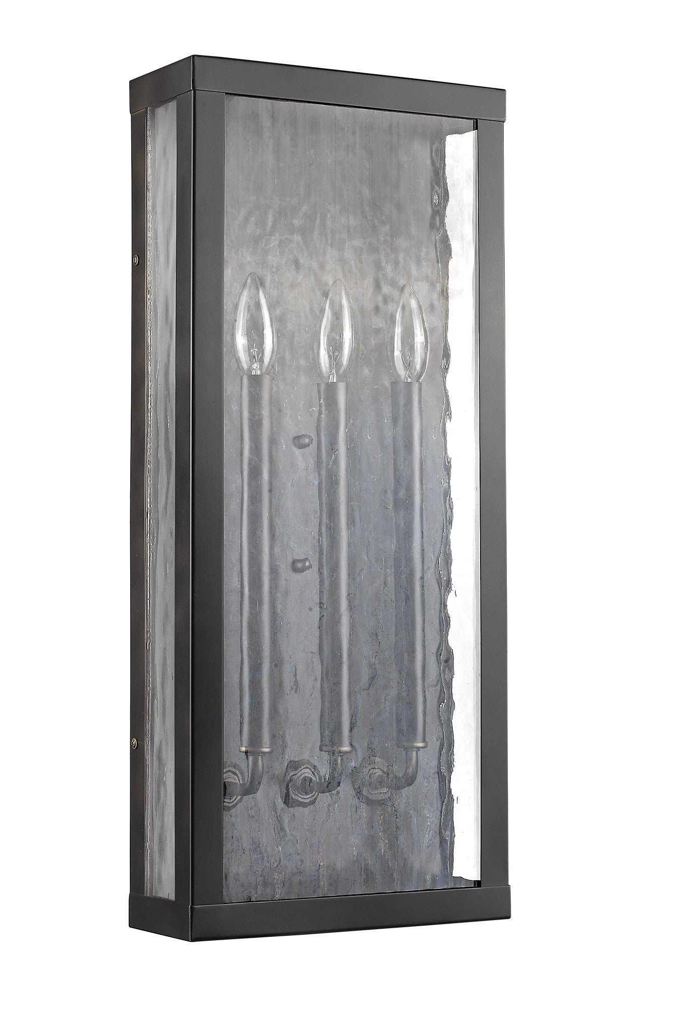 Front left angle view of the Charleston 3-Light Oil-Rubbed Bronze Shadowbox Wall Light with Clear Water Glass Panels