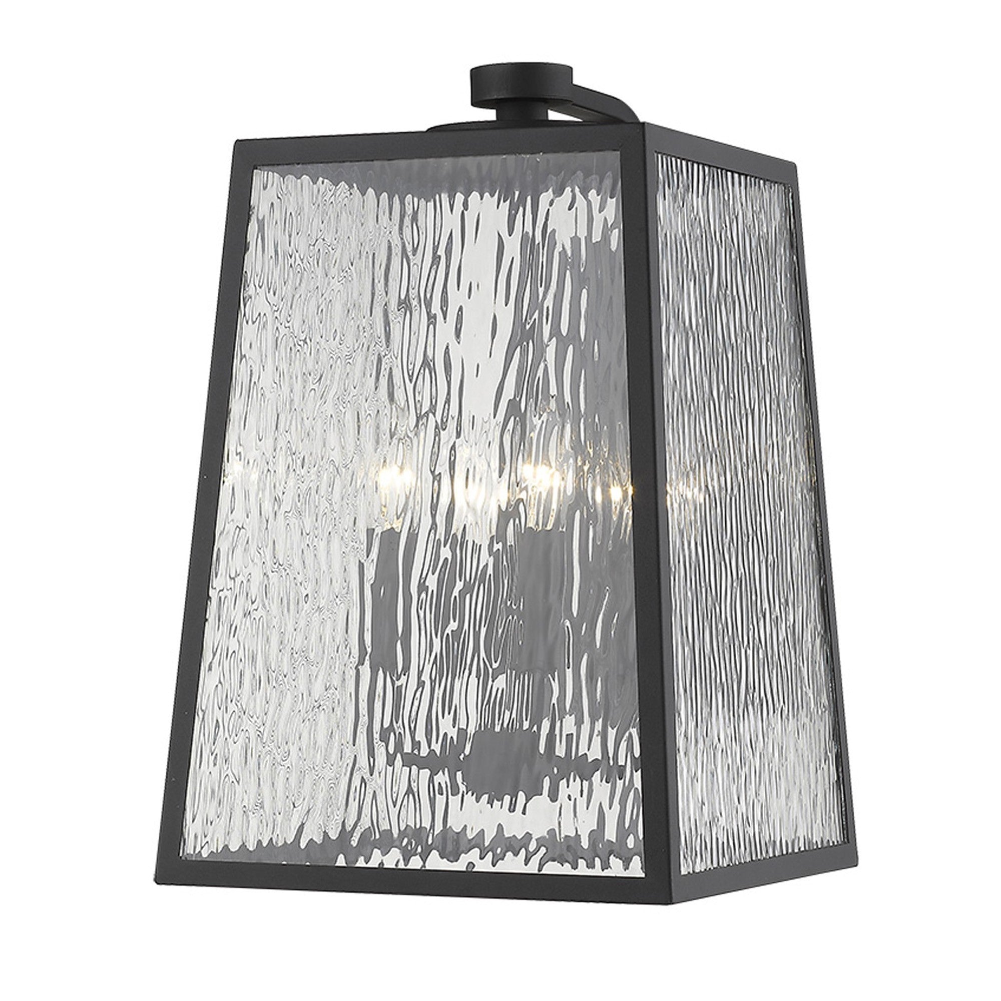 Front right angle view of the lighted Hirche 4-Bulb Matte Black Outdoor Wall Light with Rippled Water Glass