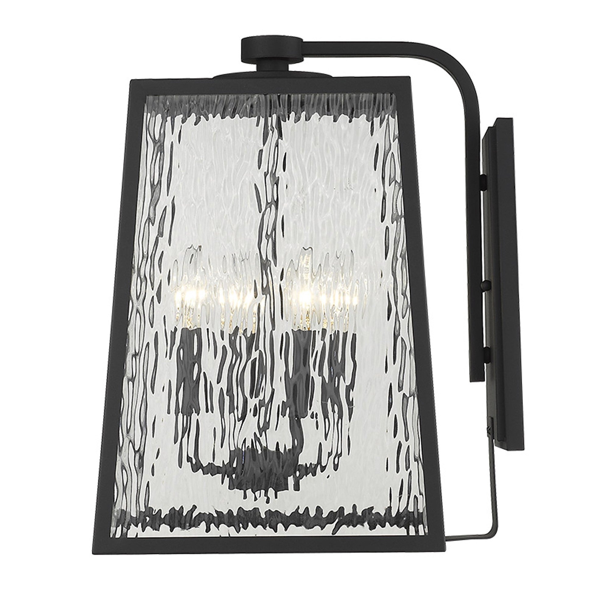 Side view of the lighted Hirche 4-Bulb Matte Black Outdoor Wall Light with Rippled Water Glass