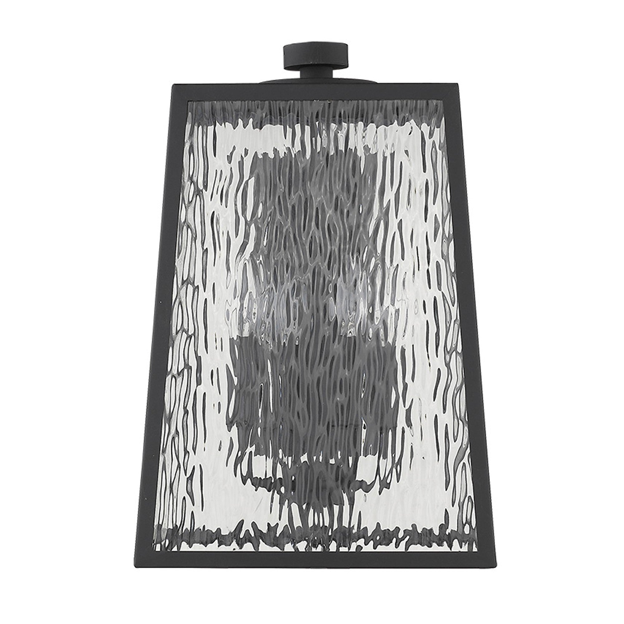 Front view of the Hirche 4-Bulb Matte Black Outdoor Wall Light with Rippled Water Glass