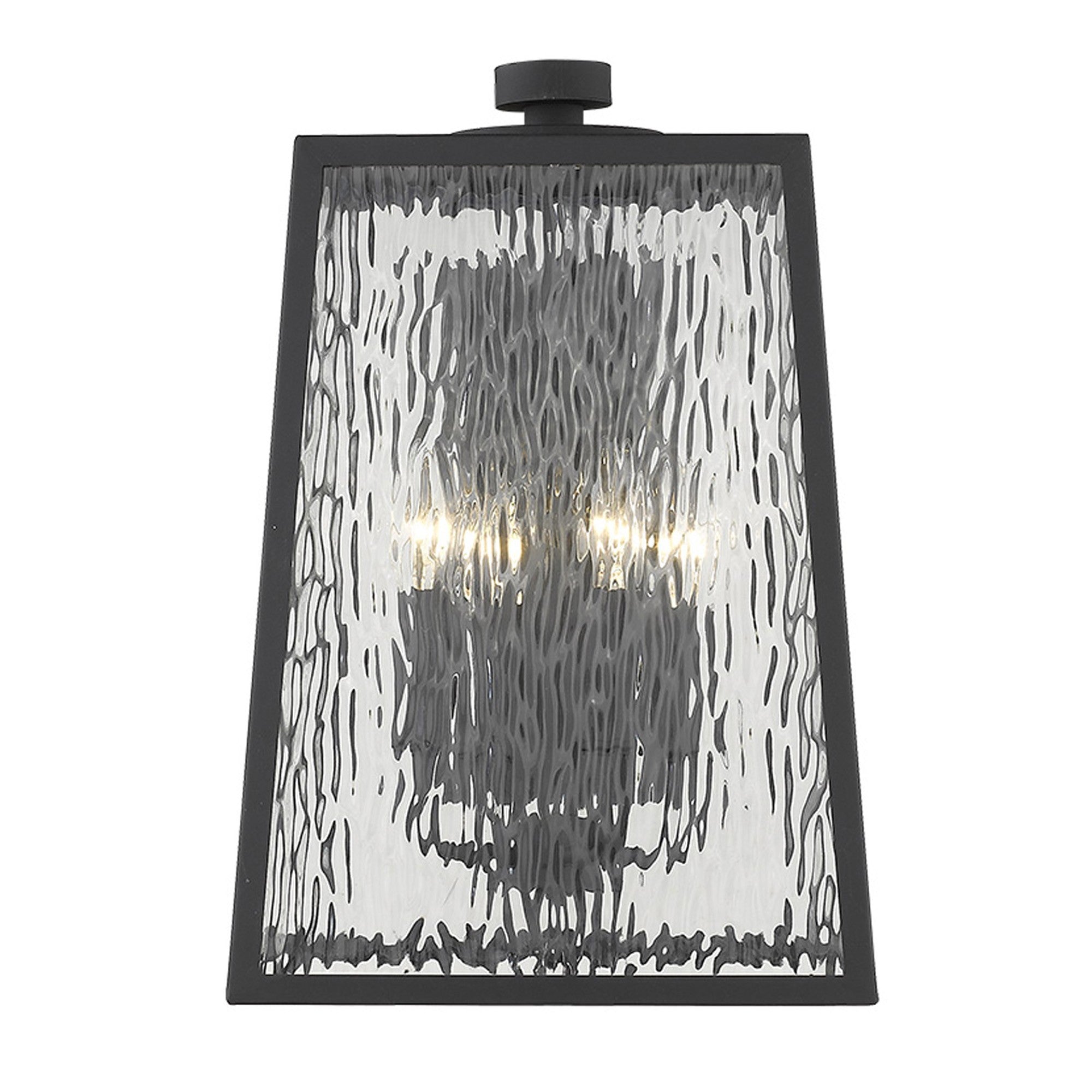 Front view of the lighted Hirche 4-Bulb Matte Black Outdoor Wall Light with Rippled Water Glass
