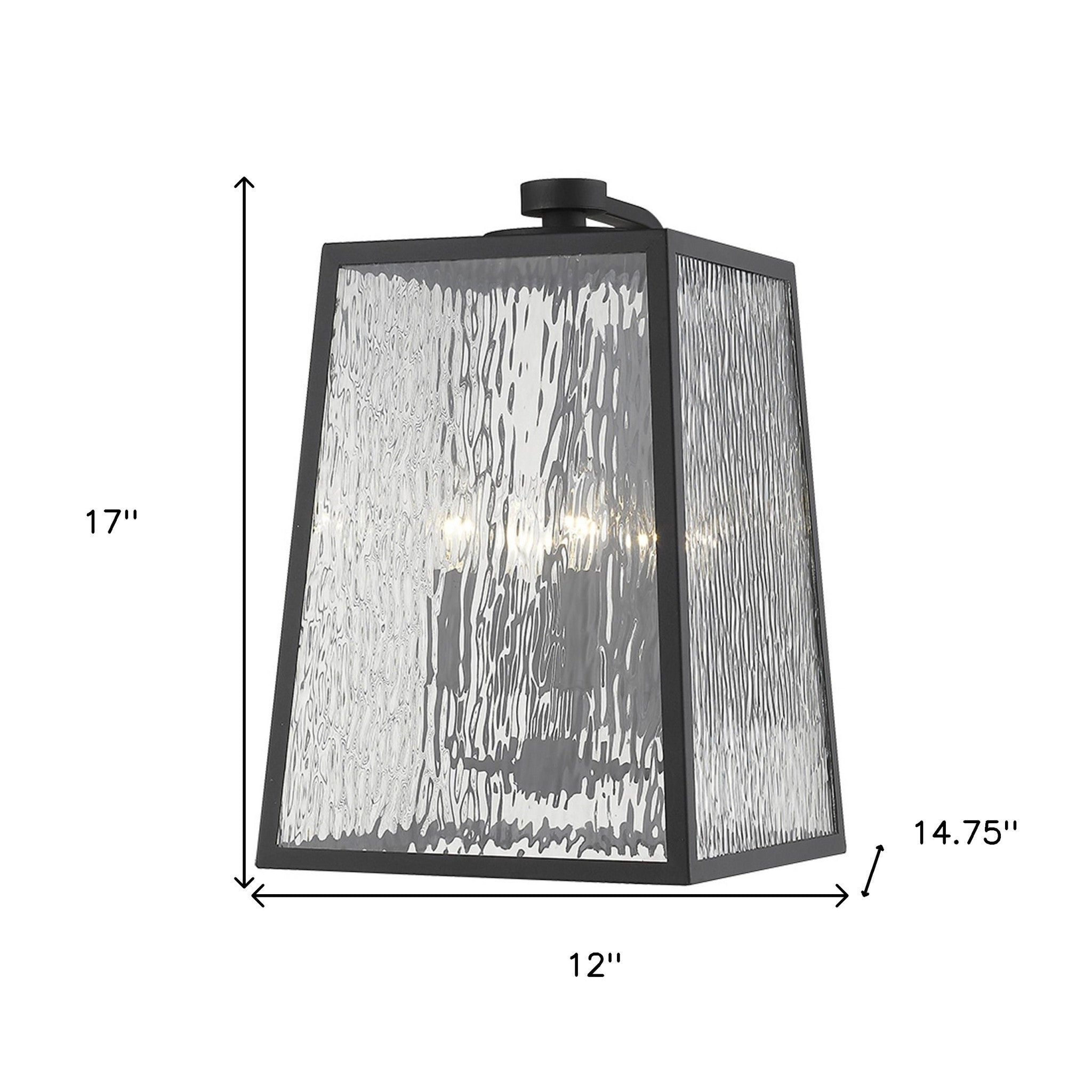 Hirche 4-Bulb Matte Black Outdoor Wall Light with Rippled Water Glass shown with dimensions of 17 inches high by 12 inches wide by 14 point 75 inches deep