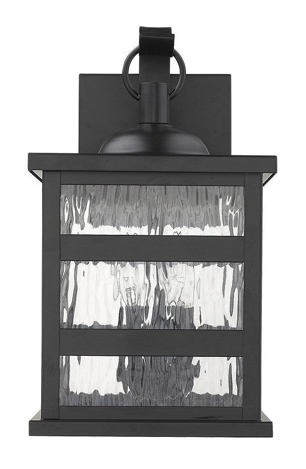 Front view Morris 3-Bulb Matte Black Outdoor Wall Light with Clear Water Glass