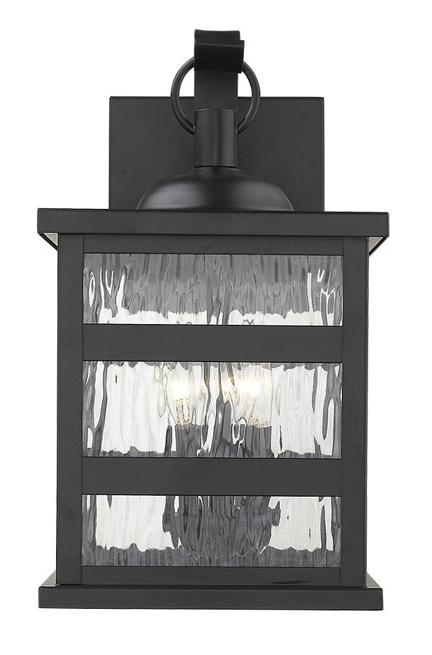 Front view of the lighted  Morris 3-Bulb Matte Black Outdoor Wall Light with Clear Water Glass