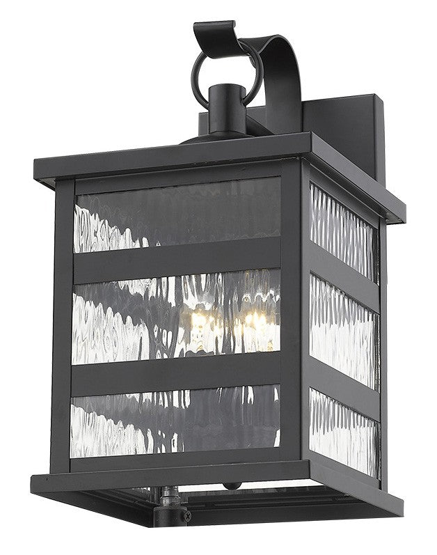 Bottom up Front right angle view of the lighted Morris 3-Bulb Matte Black Outdoor Wall Light with Clear Water Glass