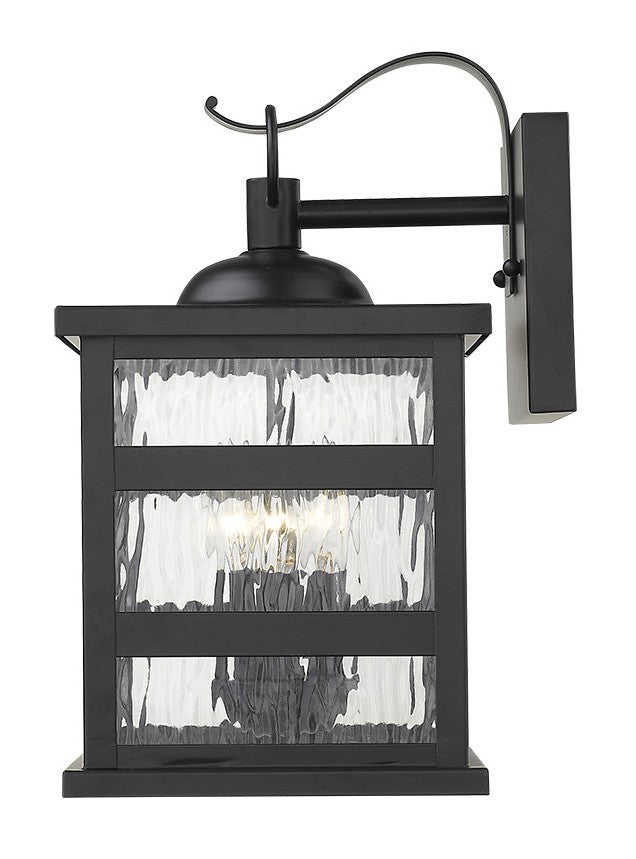 Side view of the lighted Morris 3-Bulb Matte Black Outdoor Wall Light with Clear Water Glass