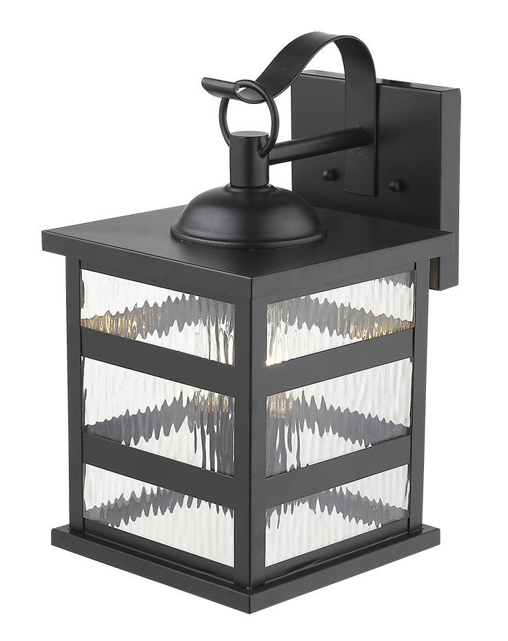Top down Front right view of the Morris 3-Bulb Matte Black Outdoor Wall Light with Clear Water Glass