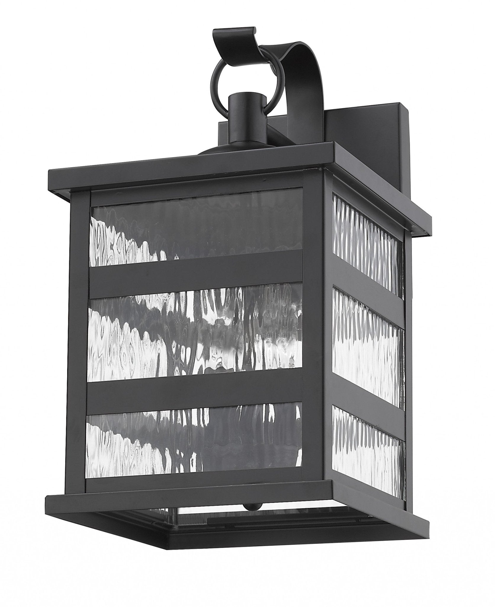 Bottom up Front right angle view of the Morris 3-Bulb Matte Black Outdoor Wall Light with Clear Water Glass