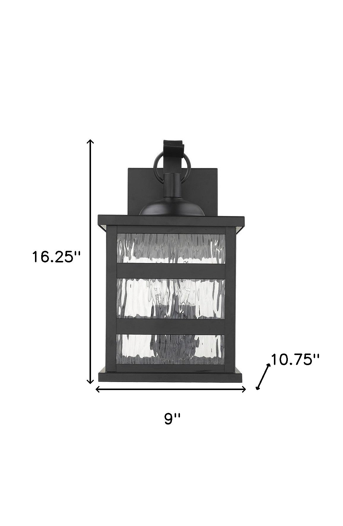 Morris 3-Bulb Matte Black Outdoor Wall Light with Clear Water Glass shown with dimensions of 16 point 25 inches high by 9 inches wide by 10 point 75 inches deep