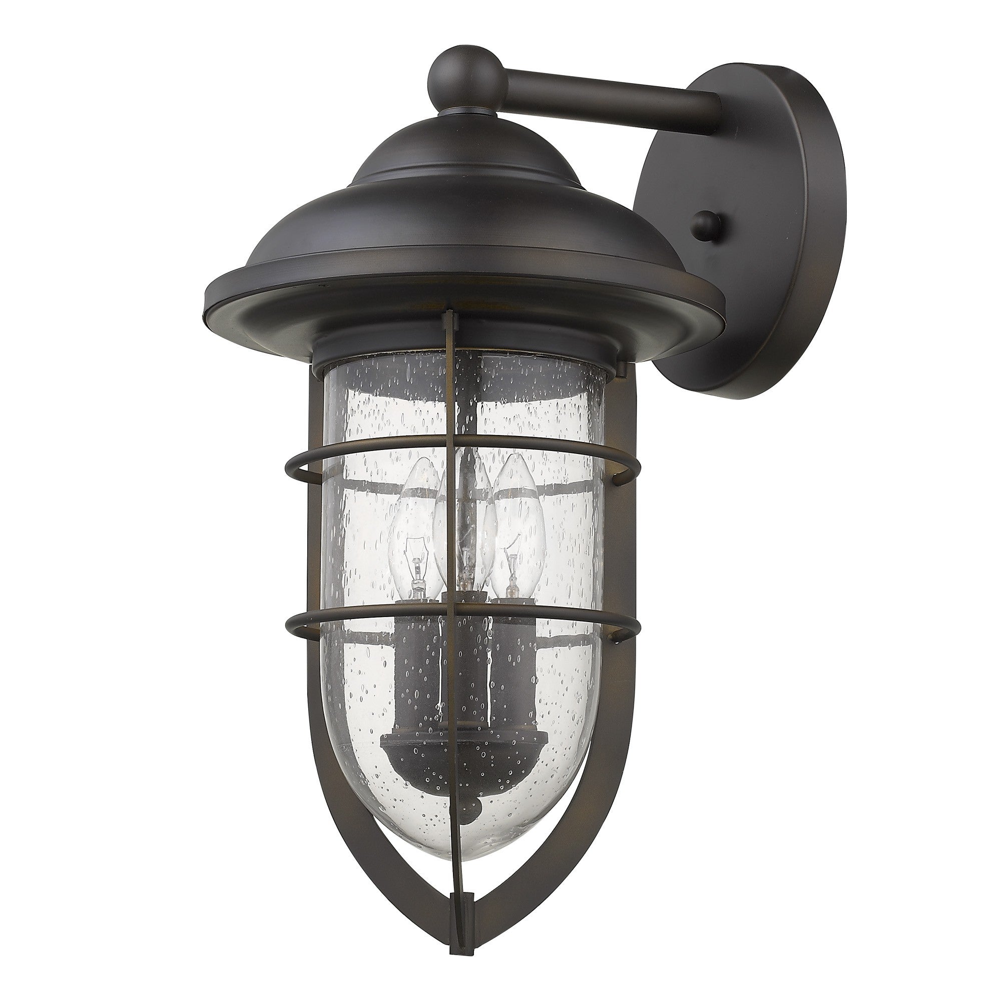 Front right angle view of the Dylan 3-Bulb Oil-Rubbed Bronze Nautical Outdoor Wall Light with Seeded Glass