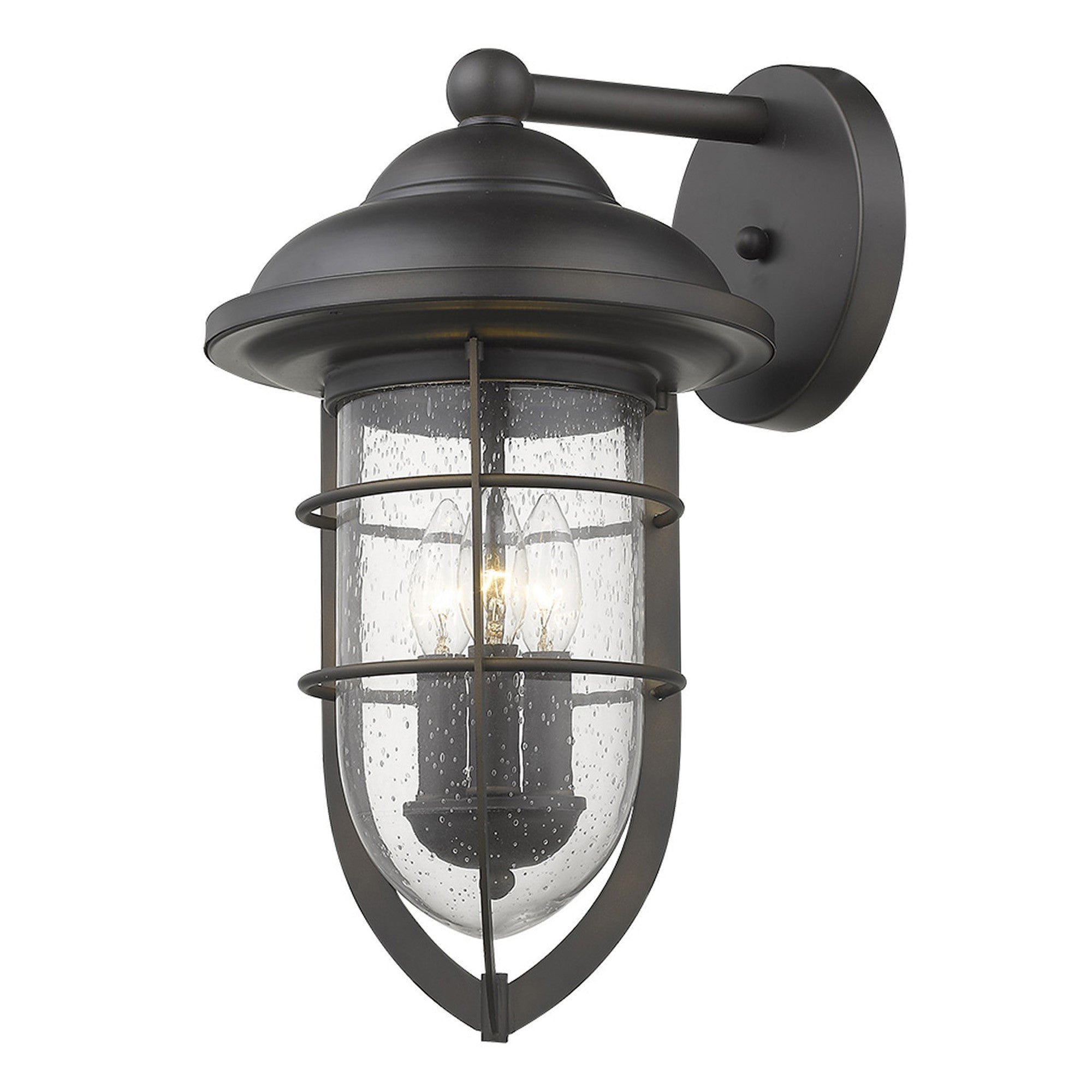 Front right angle view of the lighted Dylan 3-Bulb Oil-Rubbed Bronze Nautical Outdoor Wall Light with Seeded Glass
