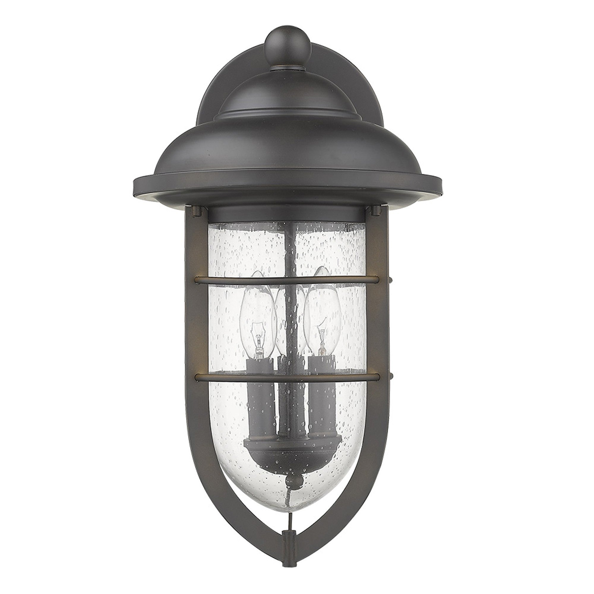 Front view of the Dylan 3-Bulb Oil-Rubbed Bronze Nautical Outdoor Wall Light with Seeded Glass