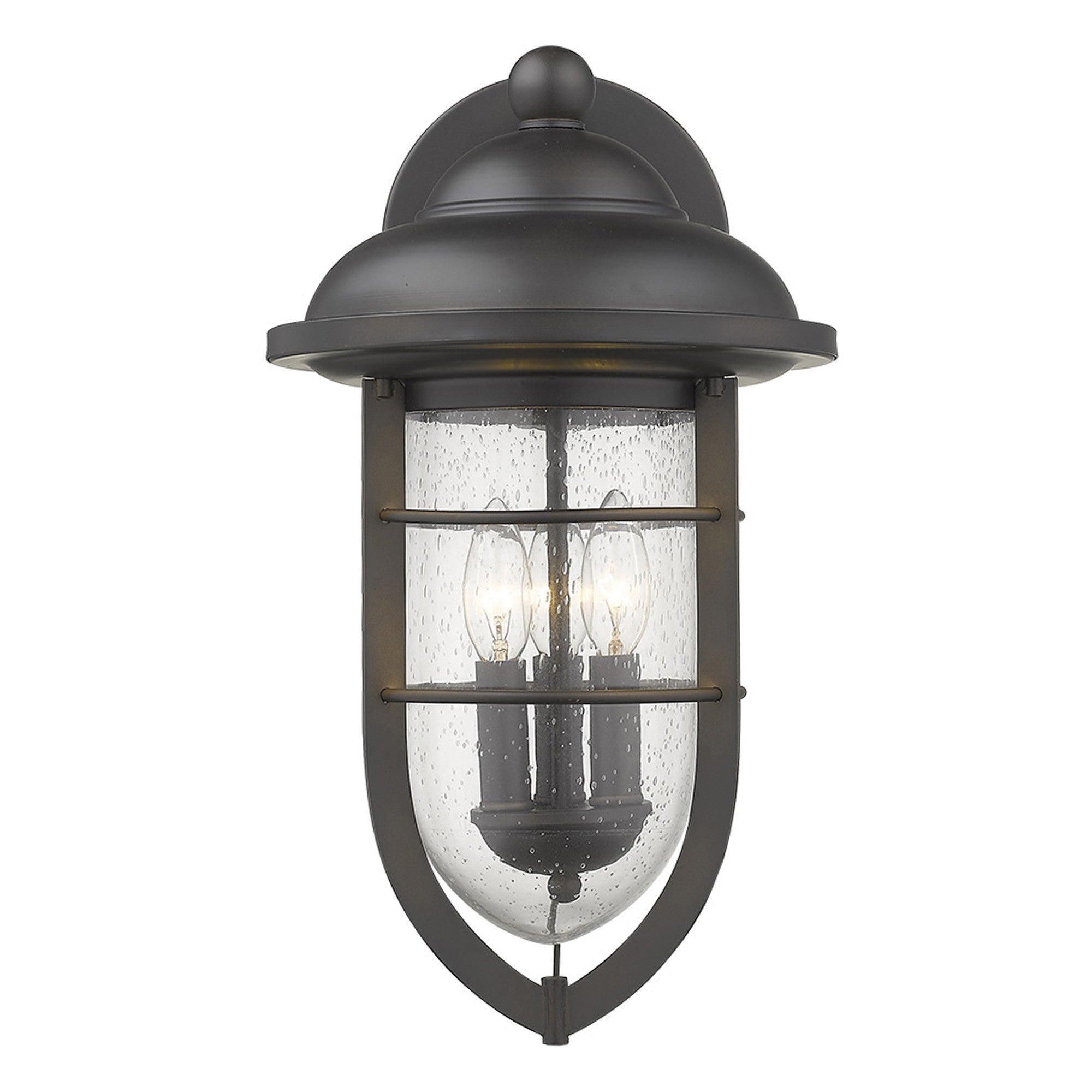 Front view of the lighted Dylan 3-Bulb Oil-Rubbed Bronze Nautical Outdoor Wall Light with Seeded Glass