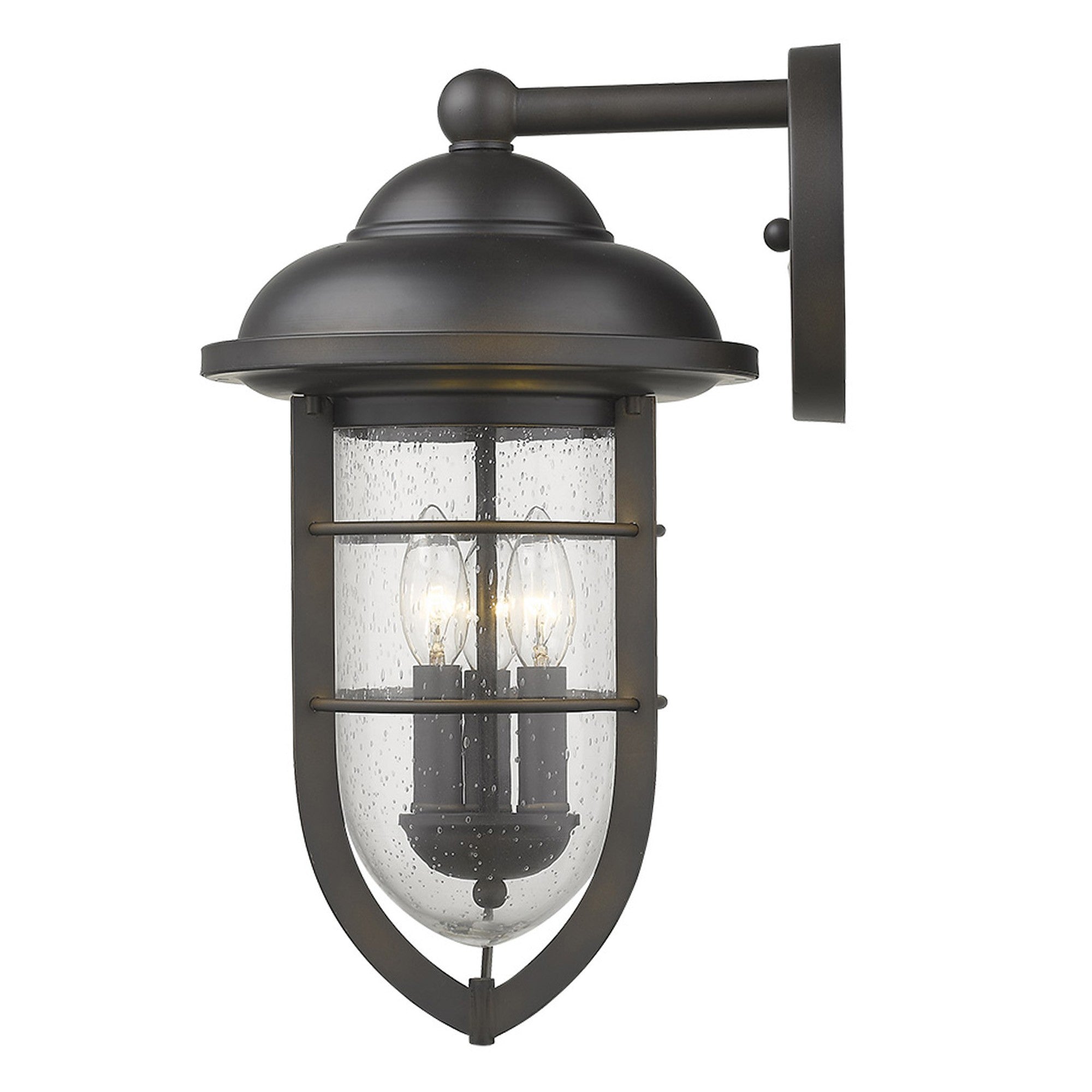 Side view of the lighted Dylan 3-Bulb Oil-Rubbed Bronze Nautical Outdoor Wall Light with Seeded Glass