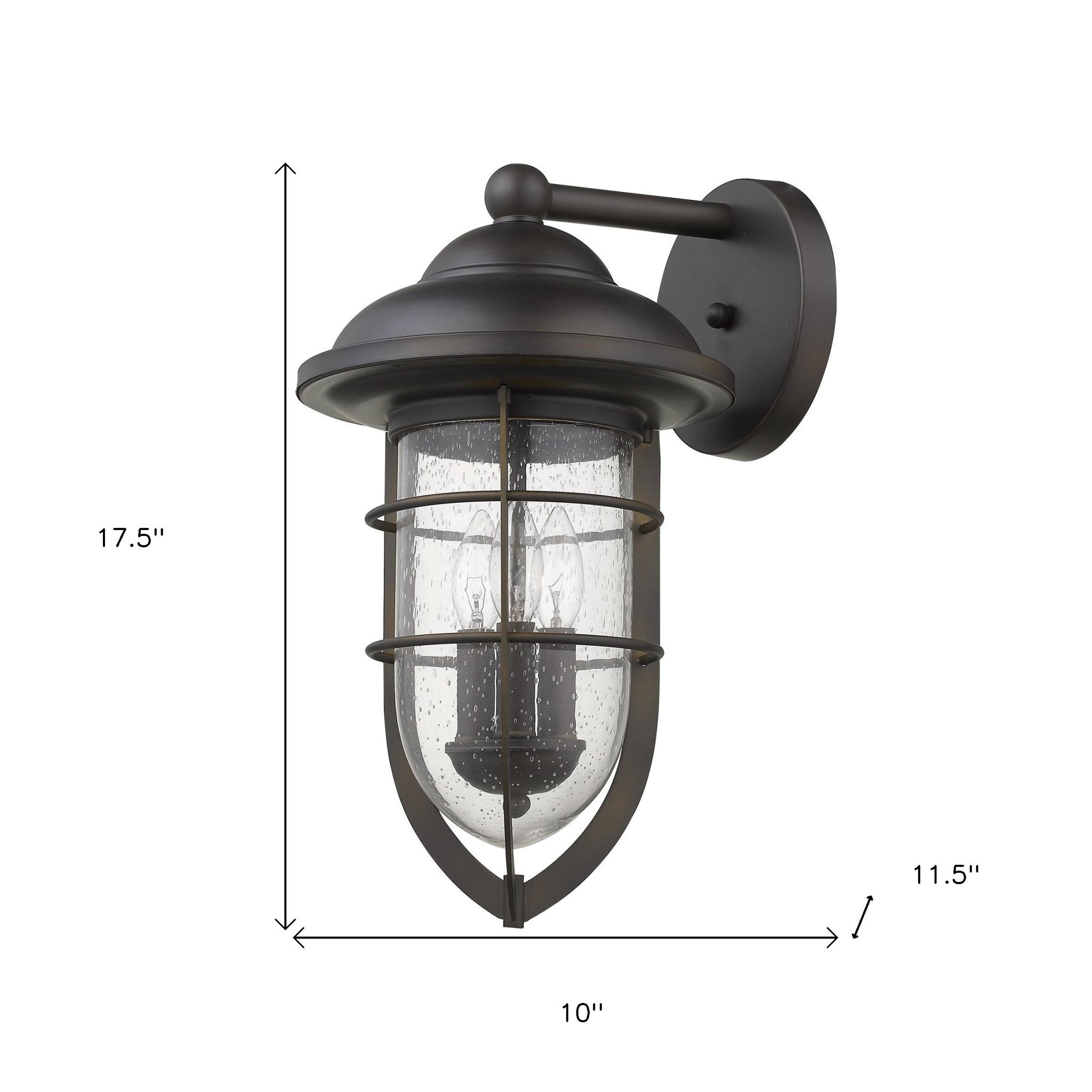 Dylan 3-Bulb Oil-Rubbed Bronze Nautical Outdoor Wall Light with Seeded Glass shown with dimensions of 17 point 5 inches high by 10 inches wide by 11 point 5 inches deep