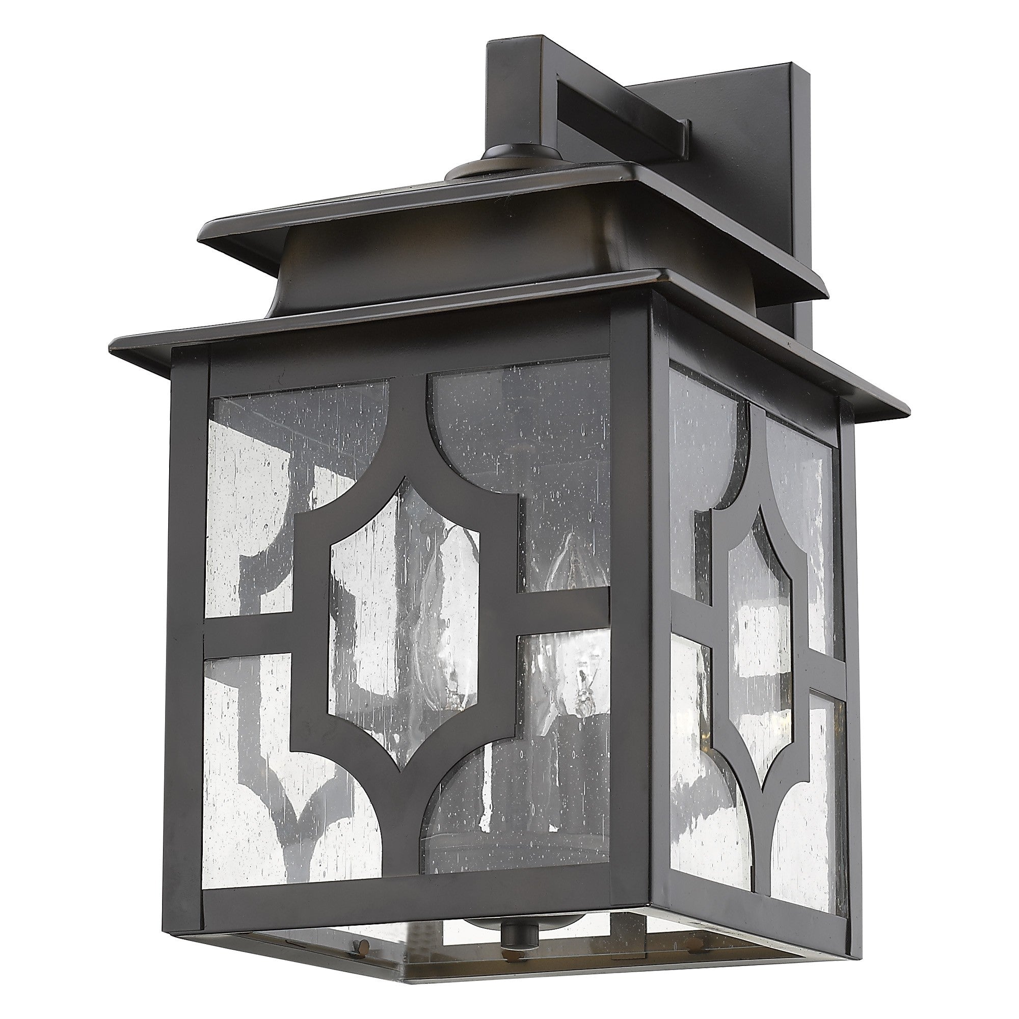 Bottom up Front right view of the Calvert 3-Light Oil-Rubbed Bronze Wall Fixture with seeded glass for outdoor and indoor use