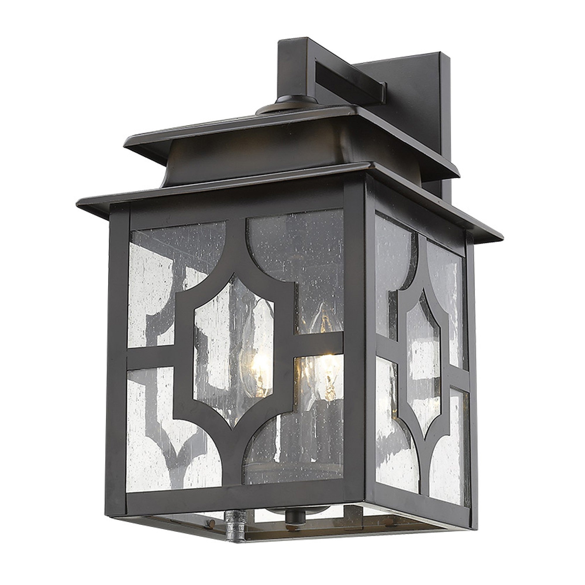 Bottom up Front right view of the lighted Calvert 3-Light Oil-Rubbed Bronze Wall Fixture with seeded glass for outdoor and indoor use