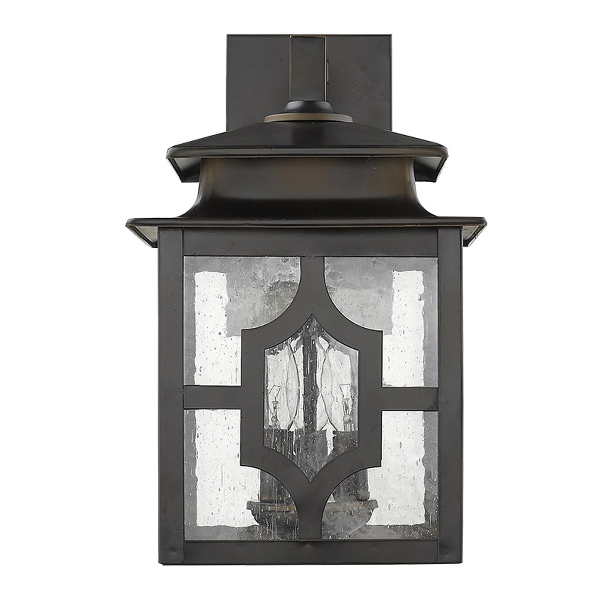 Front view of the Calvert 3-Light Oil-Rubbed Bronze Wall Fixture with seeded glass for outdoor and indoor use