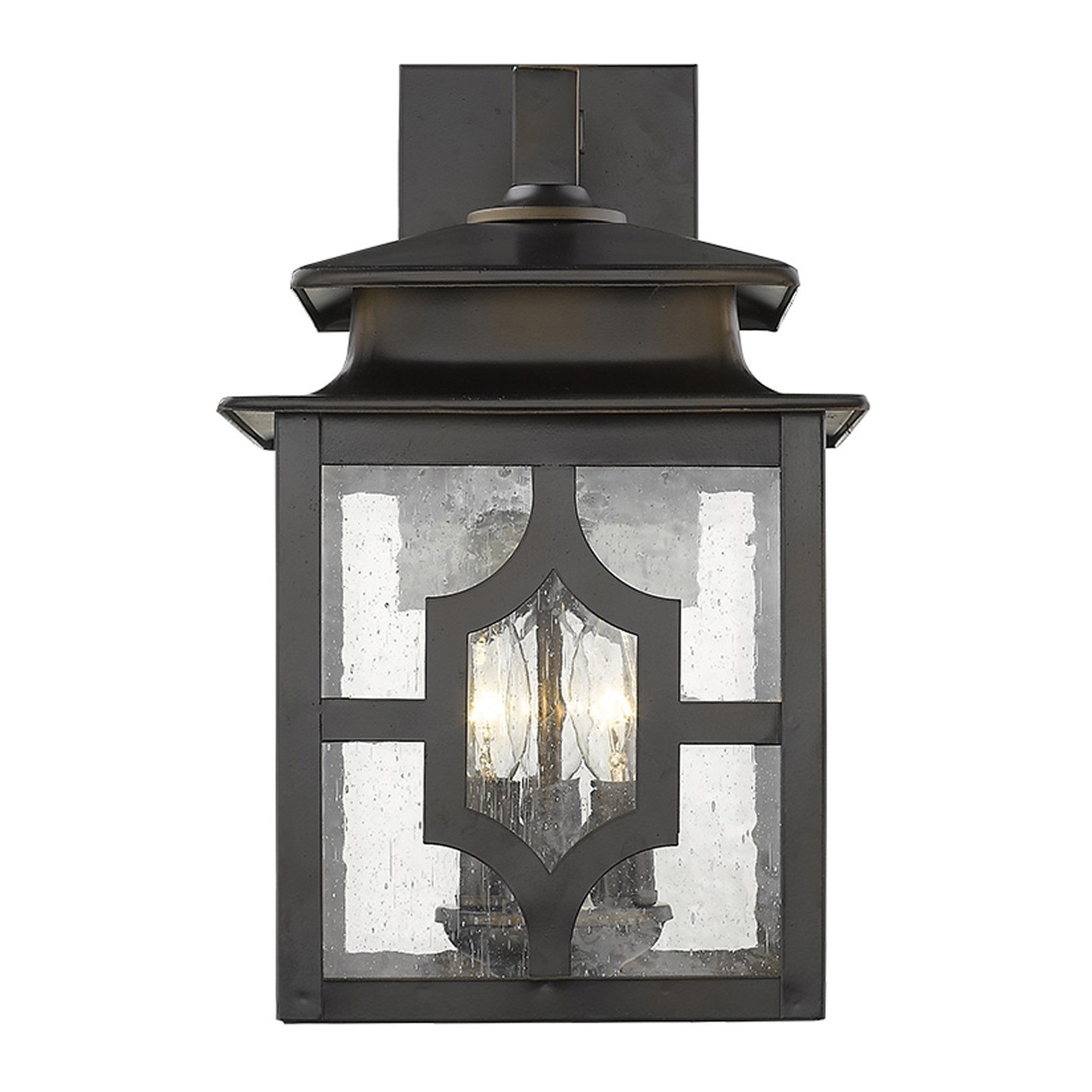 Front view of the lighted Calvert 3-Light Oil-Rubbed Bronze Wall Fixture with seeded glass for outdoor and indoor use