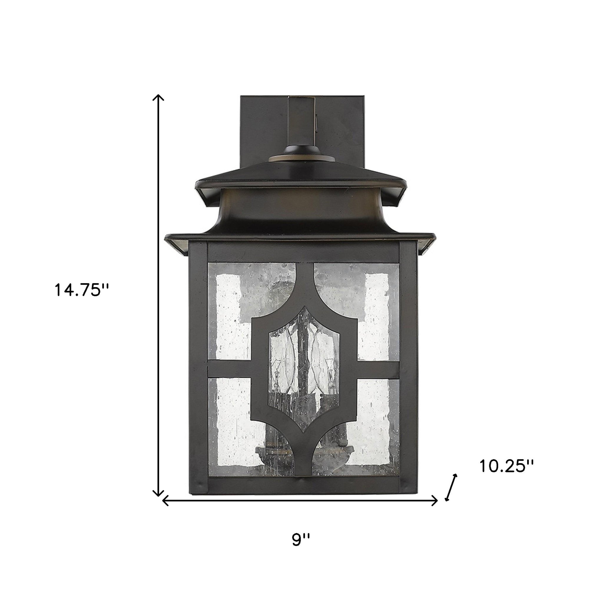 Calvert 3-Light Oil-Rubbed Bronze Wall Fixture with seeded glass for outdoor and indoor use shown with dimensions of 14 point 75 inches high by 9 inches wide by 10 point 25 inches deep