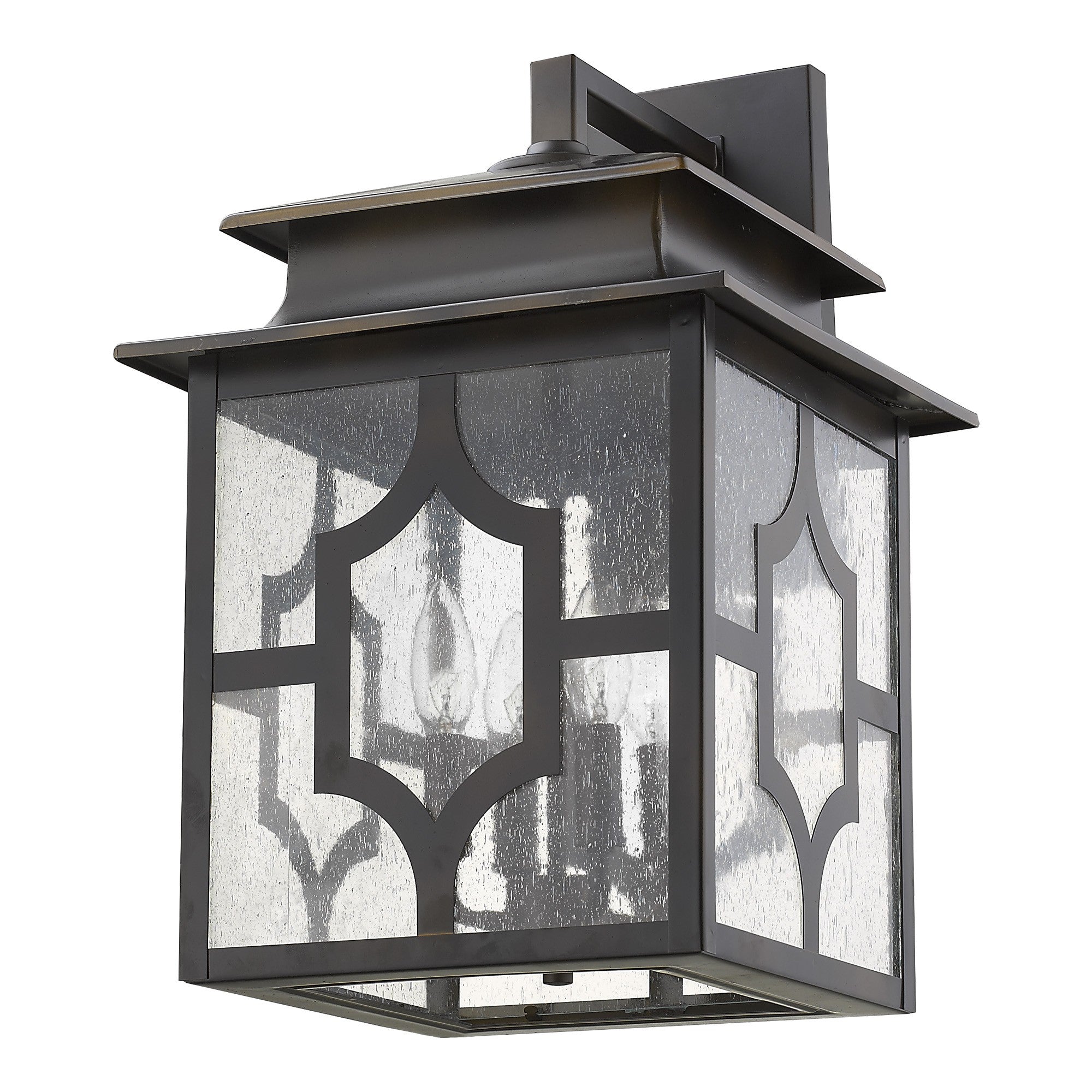 Front right angle view of the Calvert 4-Light Oil-Rubbed Bronze Wall Lantern with Seeded Glass Panels