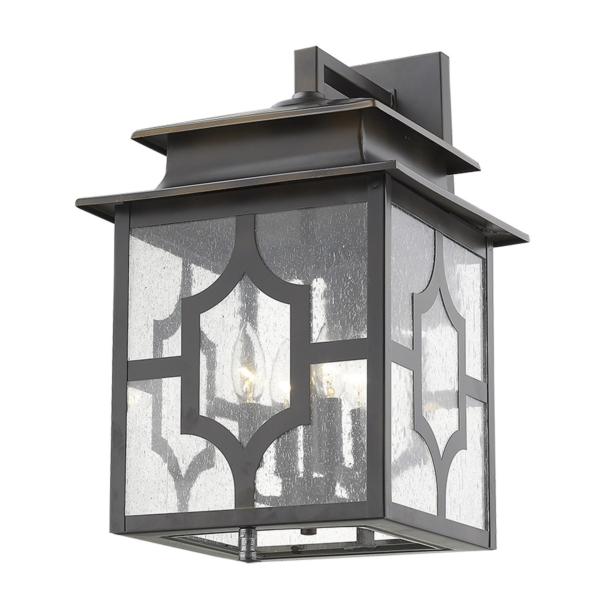 Front right angle view of the lighted Calvert 4-Light Oil-Rubbed Bronze Wall Lantern with Seeded Glass Panels