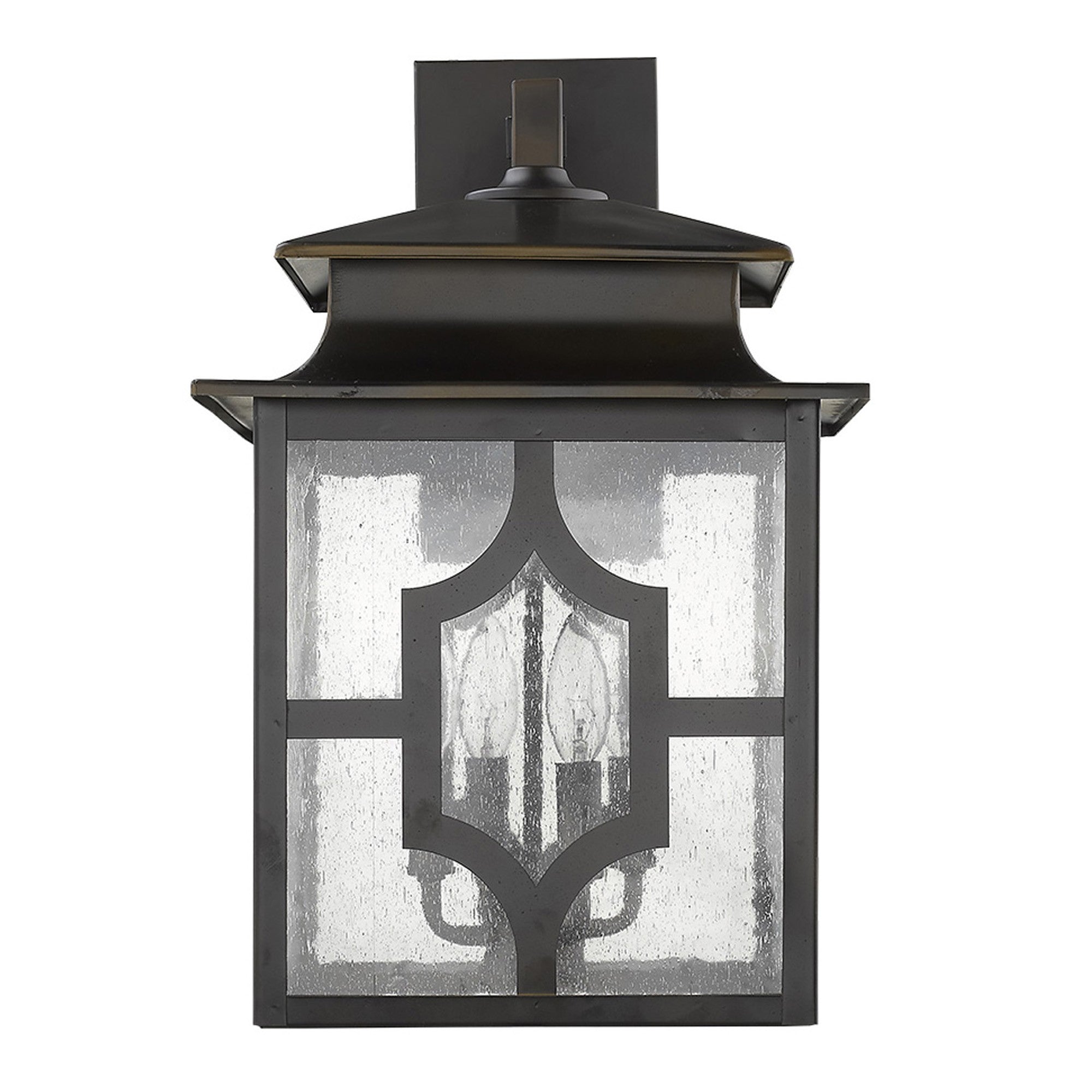 Front view of the Calvert 4-Light Oil-Rubbed Bronze Wall Lantern with Seeded Glass Panels