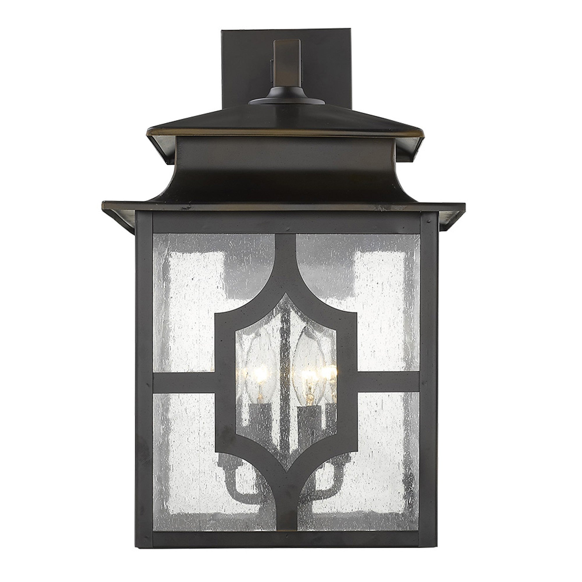 Front view of the lighted Calvert 4-Light Oil-Rubbed Bronze Wall Lantern with Seeded Glass Panels
