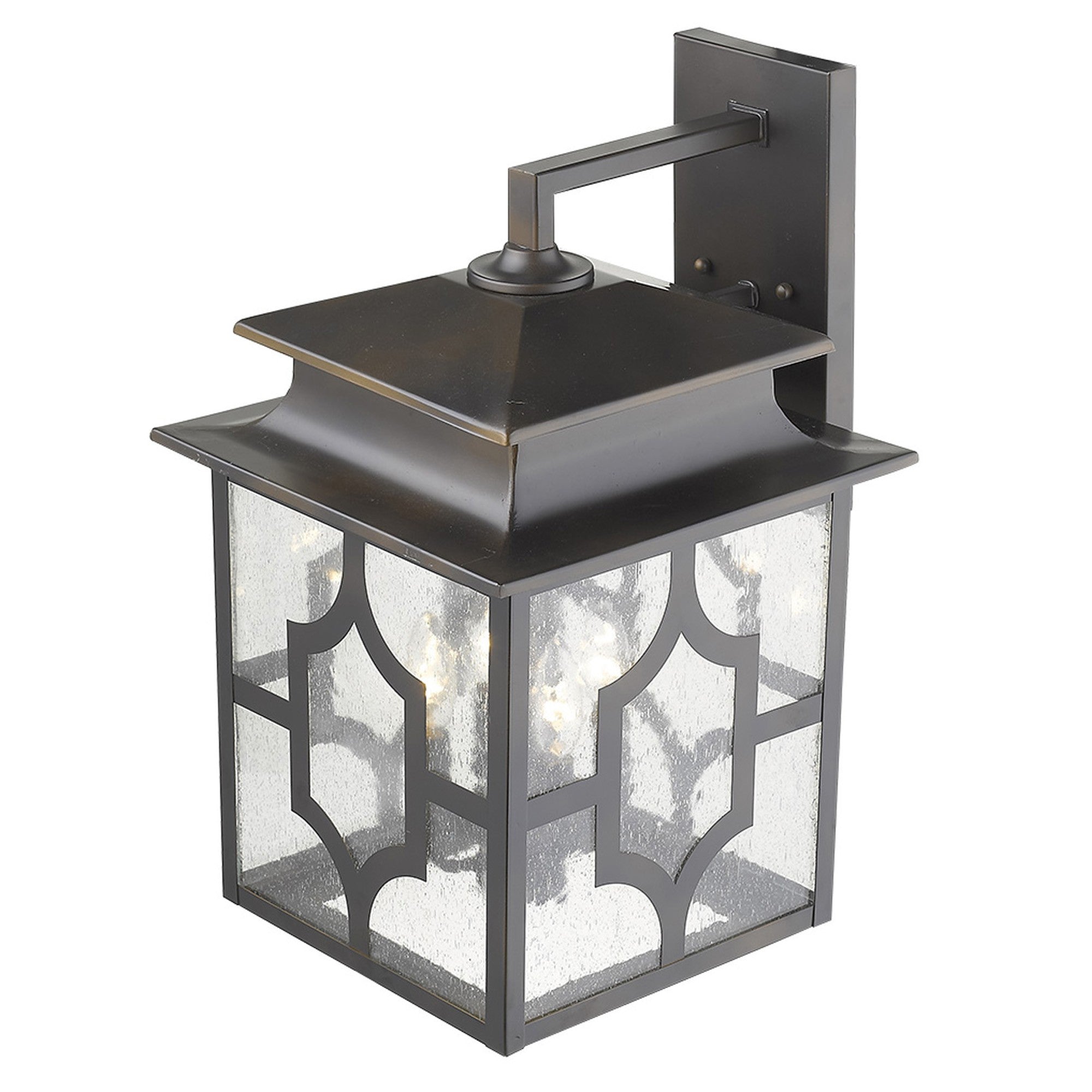 Top down Front right angle view of the lighted Calvert 4-Light Oil-Rubbed Bronze Wall Lantern with Seeded Glass Panels