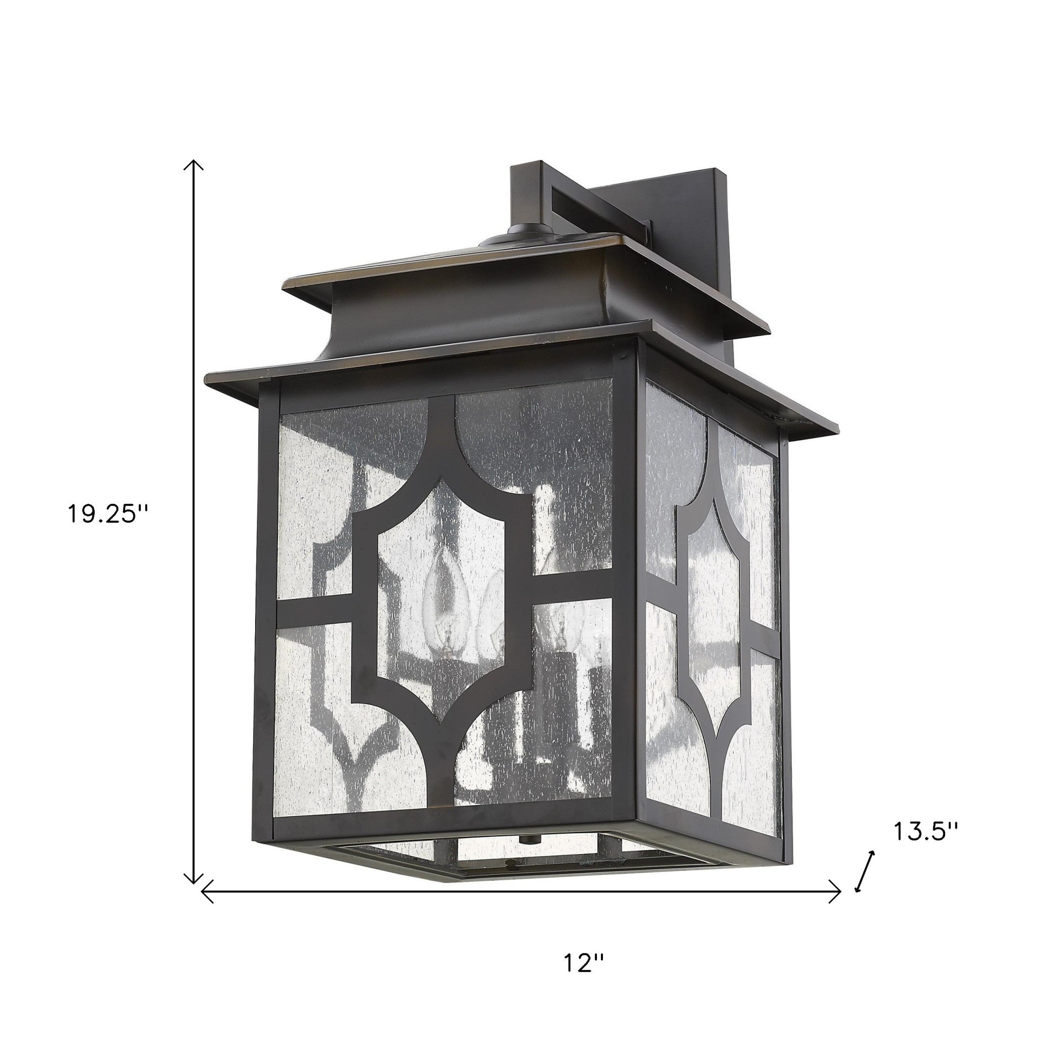 Calvert 4-Light Oil-Rubbed Bronze Wall Lantern with Seeded Glass Panels shown with dimensions of 19 point 25 inches high by 12 inches wide by 13 point 5 inches deep