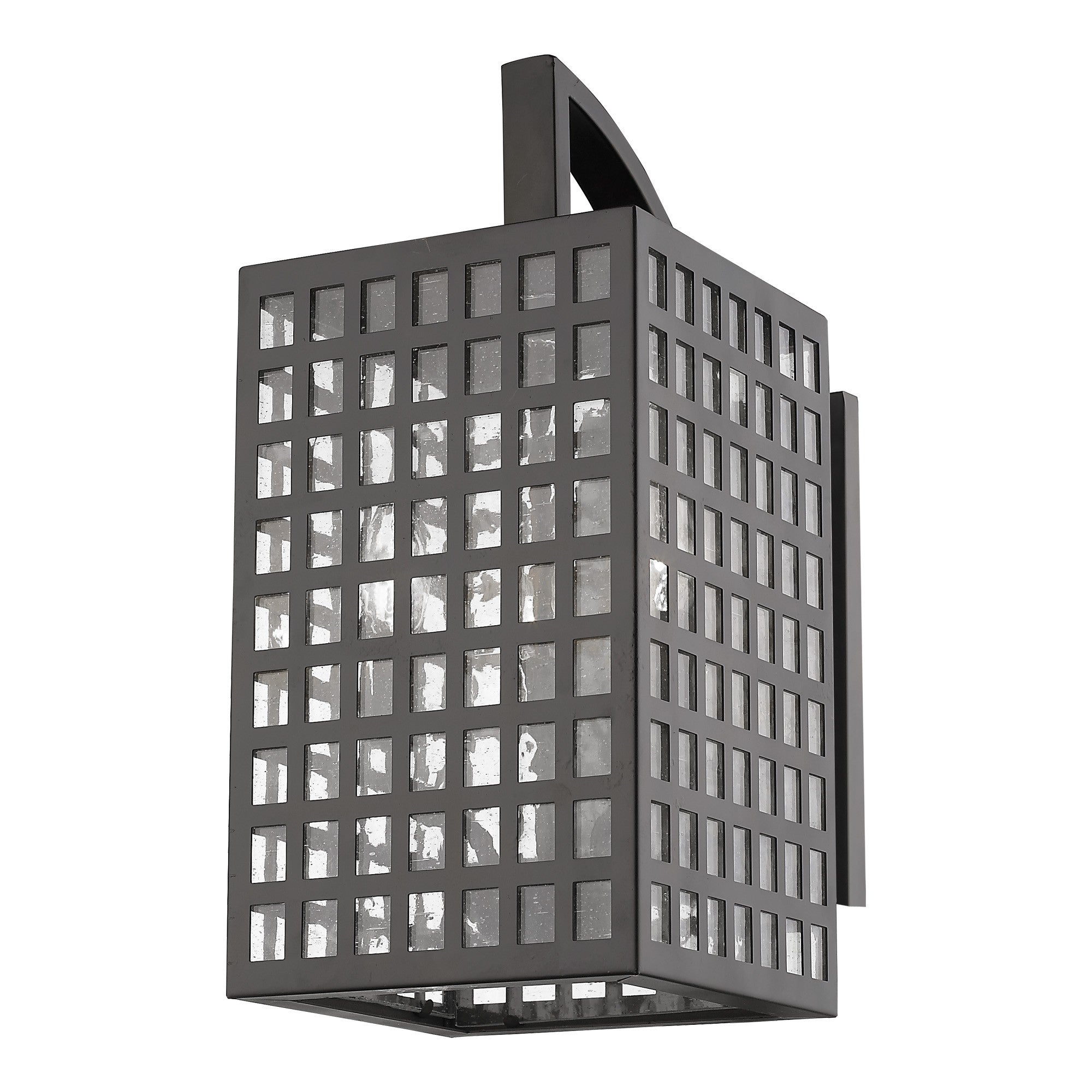 Front right angle view of the Letzel 3-Bulb Oil-Rubbed Bronze Wall Light with Grid Pattern and Seedy Glass