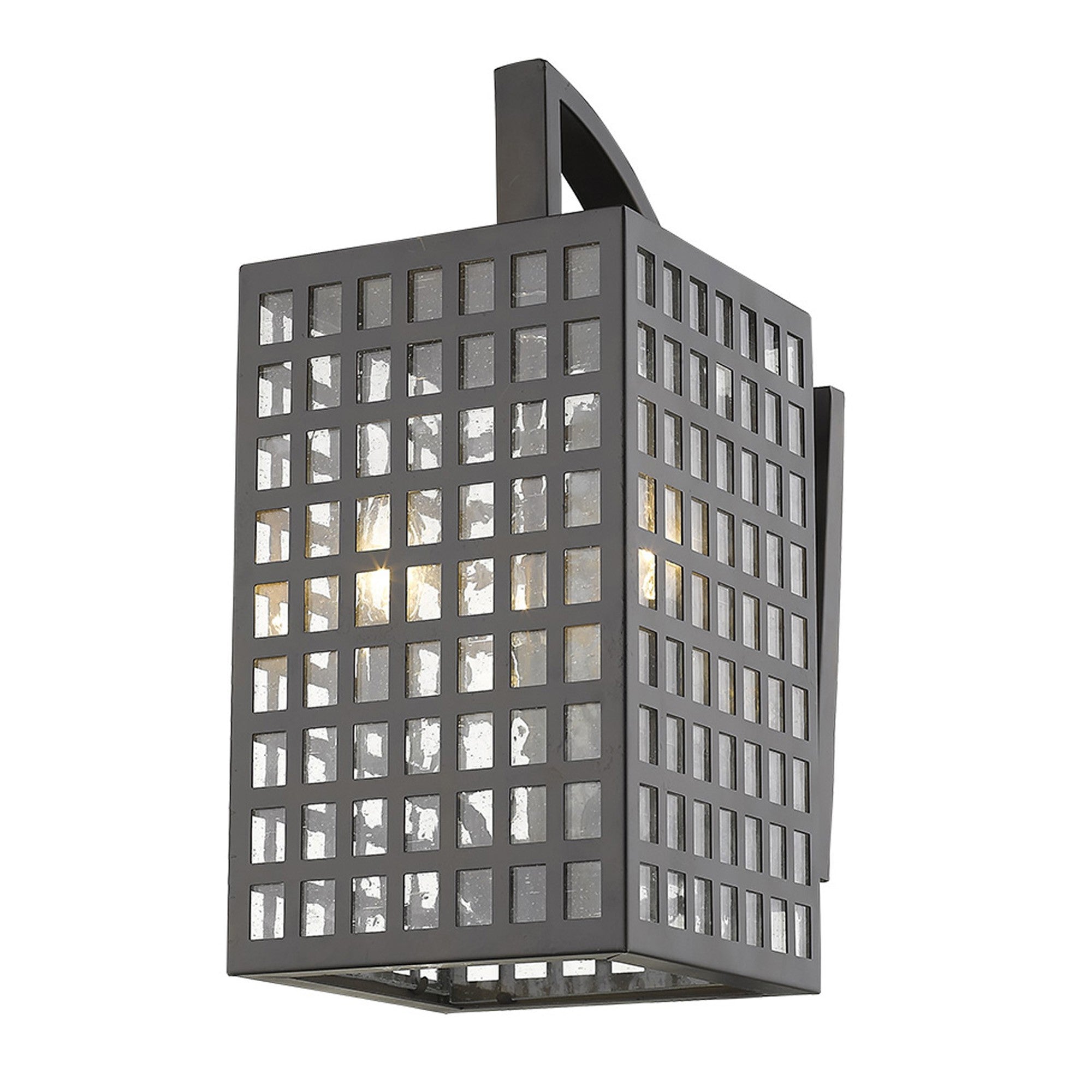 Front right angle view of the lighted Letzel 3-Bulb Oil-Rubbed Bronze Wall Light with Grid Pattern and Seedy Glass