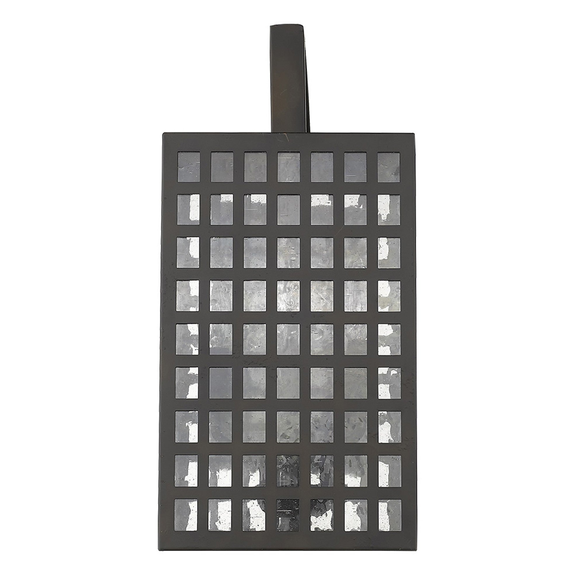 Front view of the Letzel 3-Bulb Oil-Rubbed Bronze Wall Light with Grid Pattern and Seedy Glass